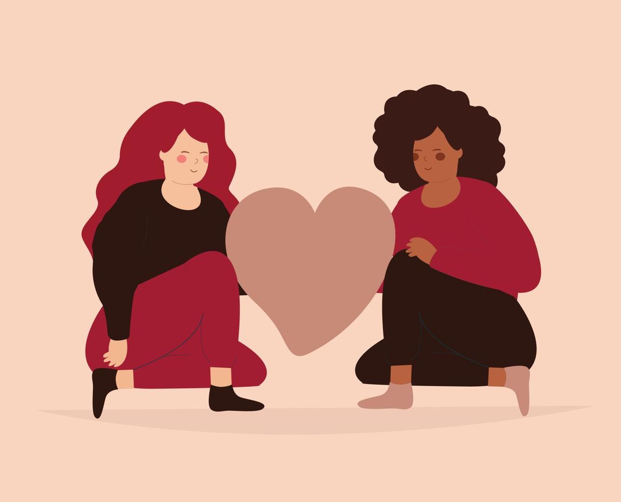 deux femmes s'assoient et tiennent un grand coeur et ont l'air heureuses. les filles d'ethnies différentes se soutiennent mutuellement. corps positif, amitié, acceptation de soi et concept d'amour de soi. illustration vectorielle vecteur