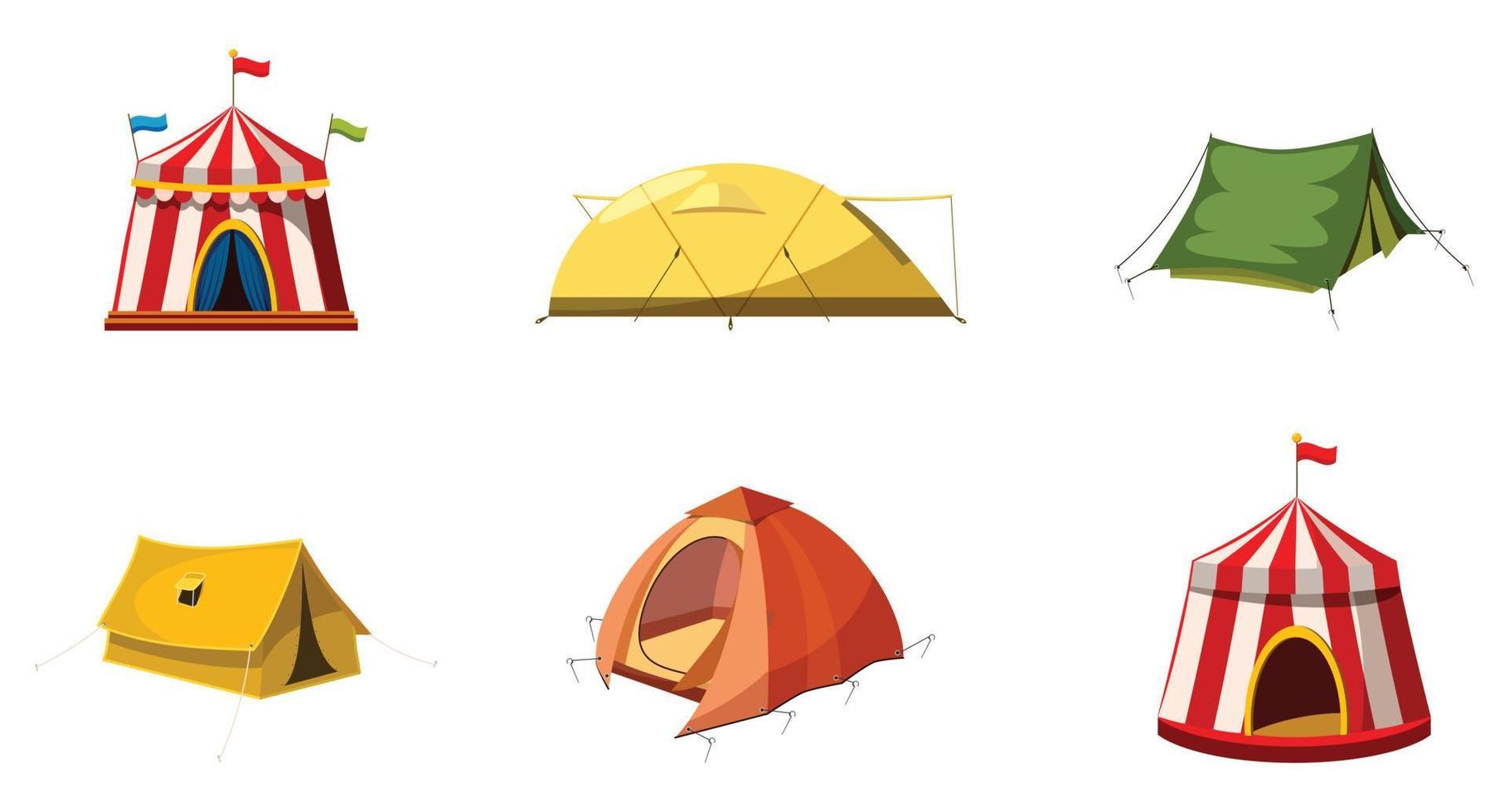 jeu d'icônes de tente, style cartoon vecteur
