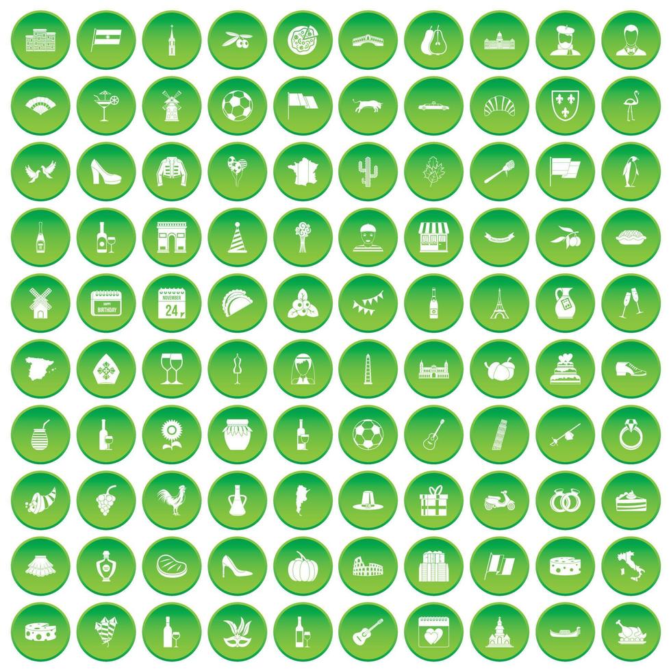100 icônes de moulins à vent définissent un cercle vert vecteur