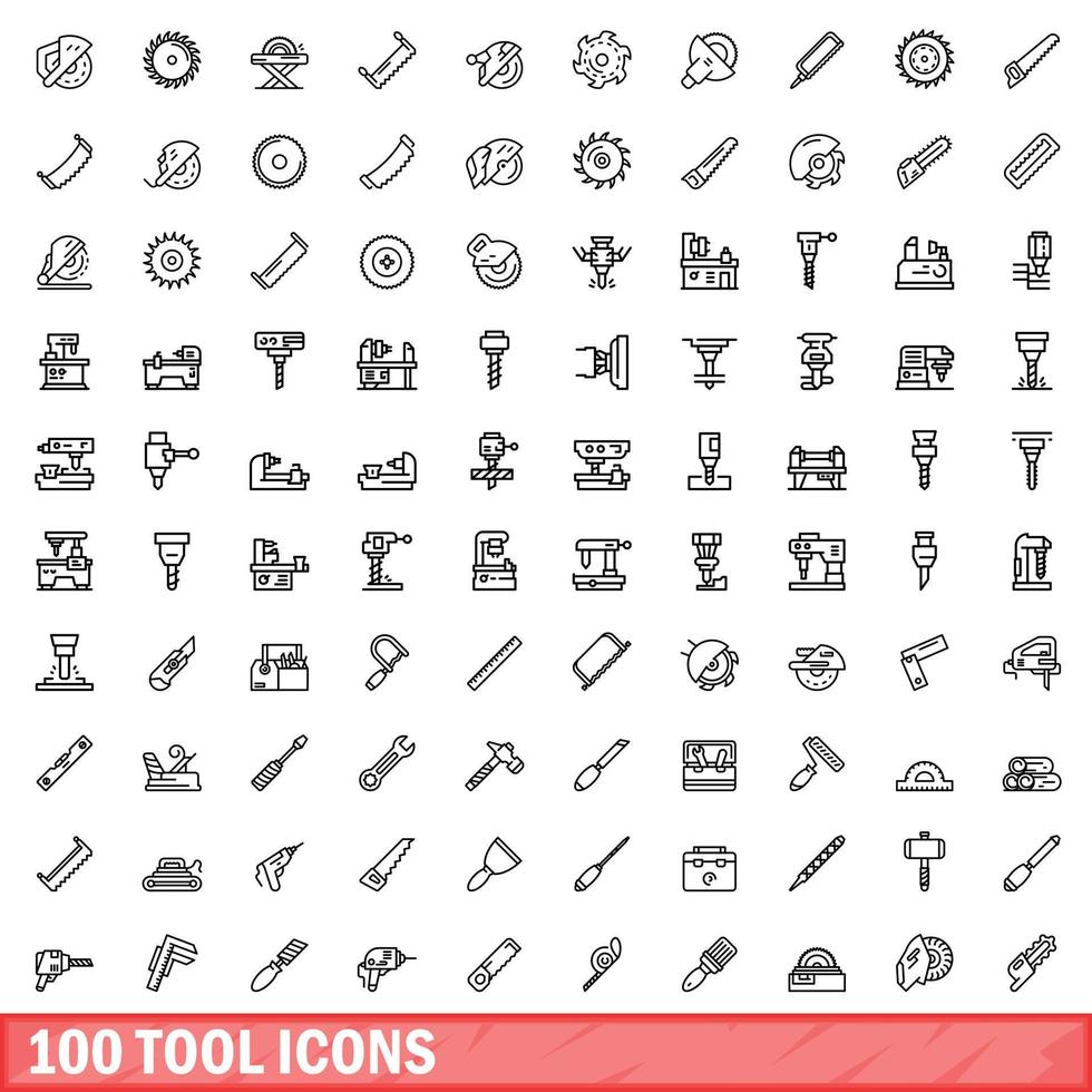 Ensemble de 100 icônes d'outils, style de contour vecteur