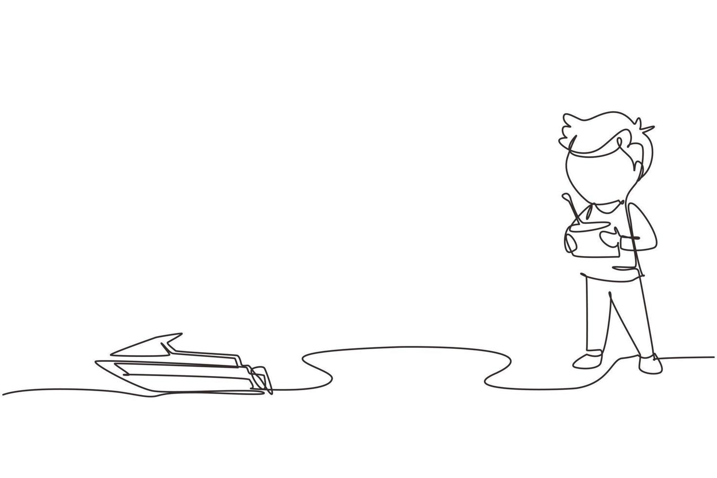 dessin continu d'une ligne garçon jouant avec un jouet de bateau à moteur télécommandé. enfants mignons jouant avec un jouet de bateau à moteur électronique avec télécommande dans les mains. graphique vectoriel de conception de dessin à une seule ligne