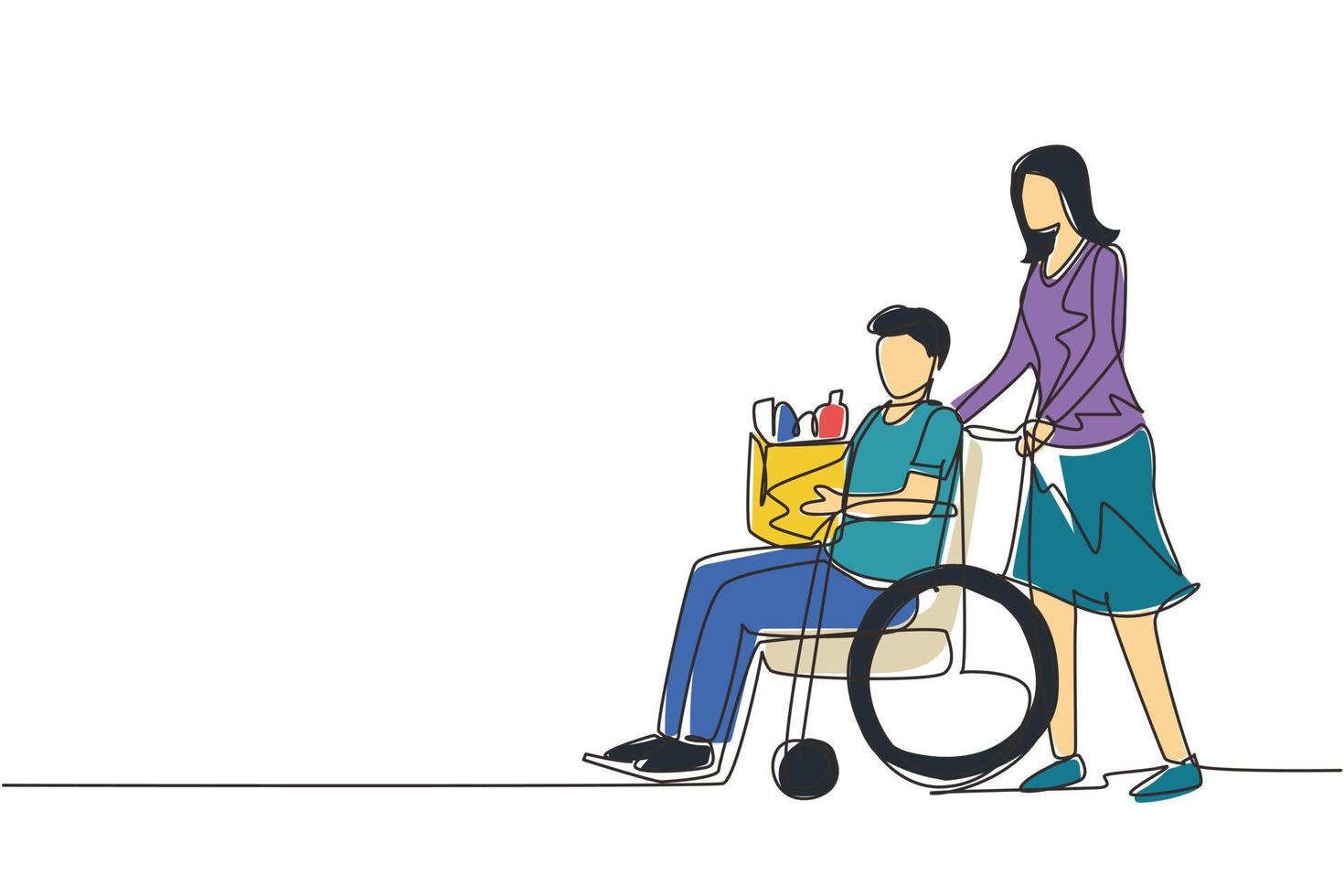 une seule ligne dessinant un travailleur social aidant un vieil homme en fauteuil roulant à faire ses courses. une femme bénévole s'occupe et marche avec un homme âgé handicapé au magasin. vecteur de conception de dessin en ligne continue