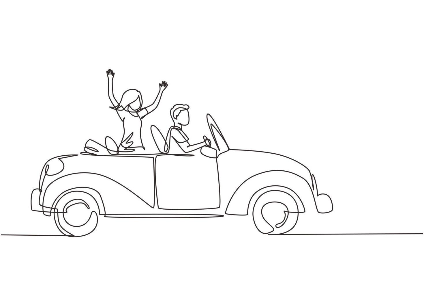 une seule ligne continue dessinant un couple nouvellement marié marié dans un véhicule. heureux homme et femme équitation voiture de mariage. couple marié relation amoureuse. une ligne dessiner illustration vectorielle de conception graphique vecteur