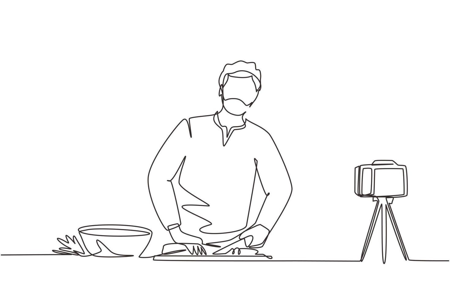une ligne continue dessinant un chef arabe debout dans la cuisine et coupant l'oignon tout en se filmant pour le blog. sur le comptoir de la cuisine se trouvent des légumes et des épices. illustration vectorielle de dessin à une seule ligne vecteur