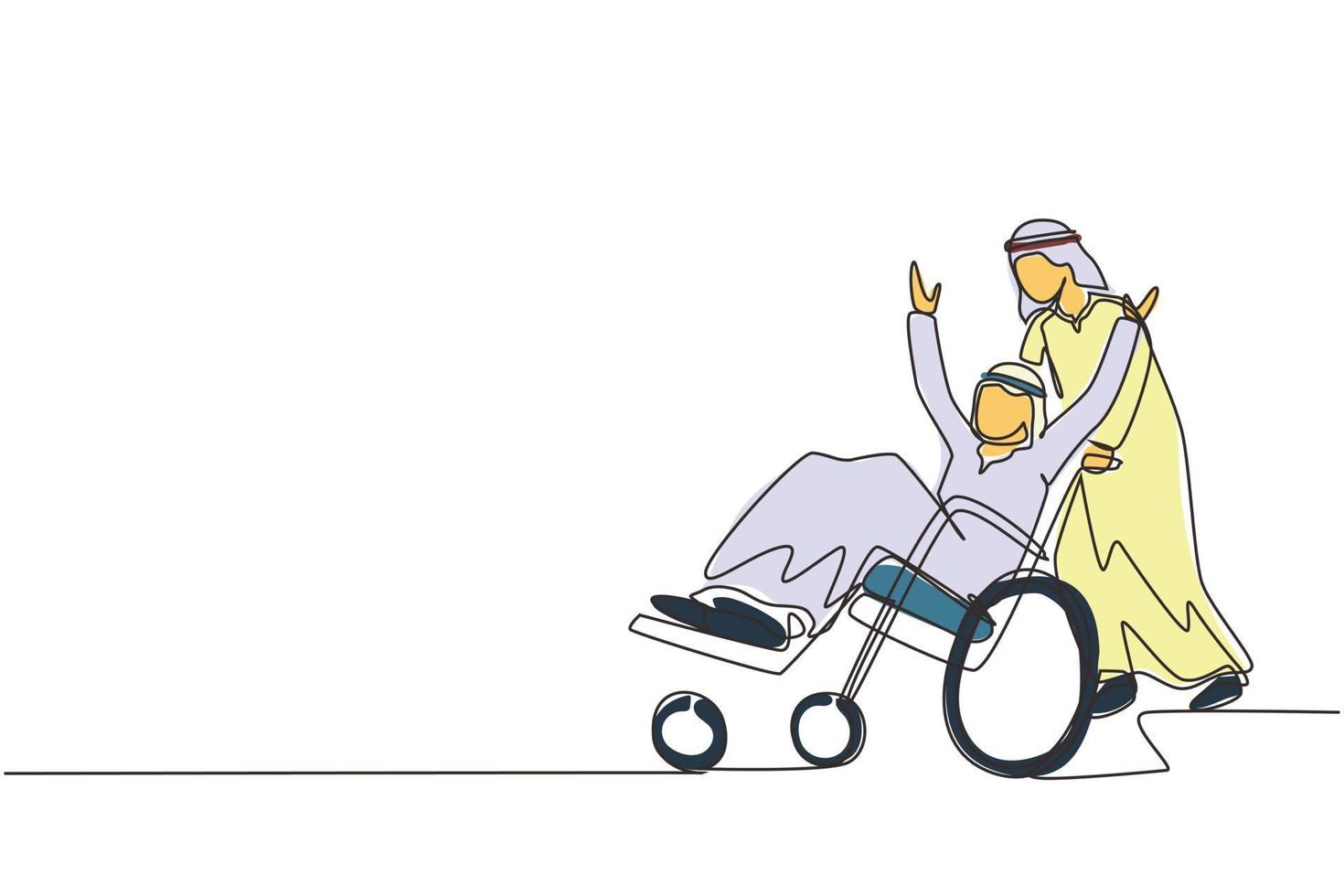 une seule ligne continue dessinant un jeune volontaire arabe aide un vieil homme handicapé, à monter sur un fauteuil roulant dans le parc. soins familiaux, bénévolat, soins aux personnes handicapées. une ligne dessiner illustration vectorielle de conception vecteur