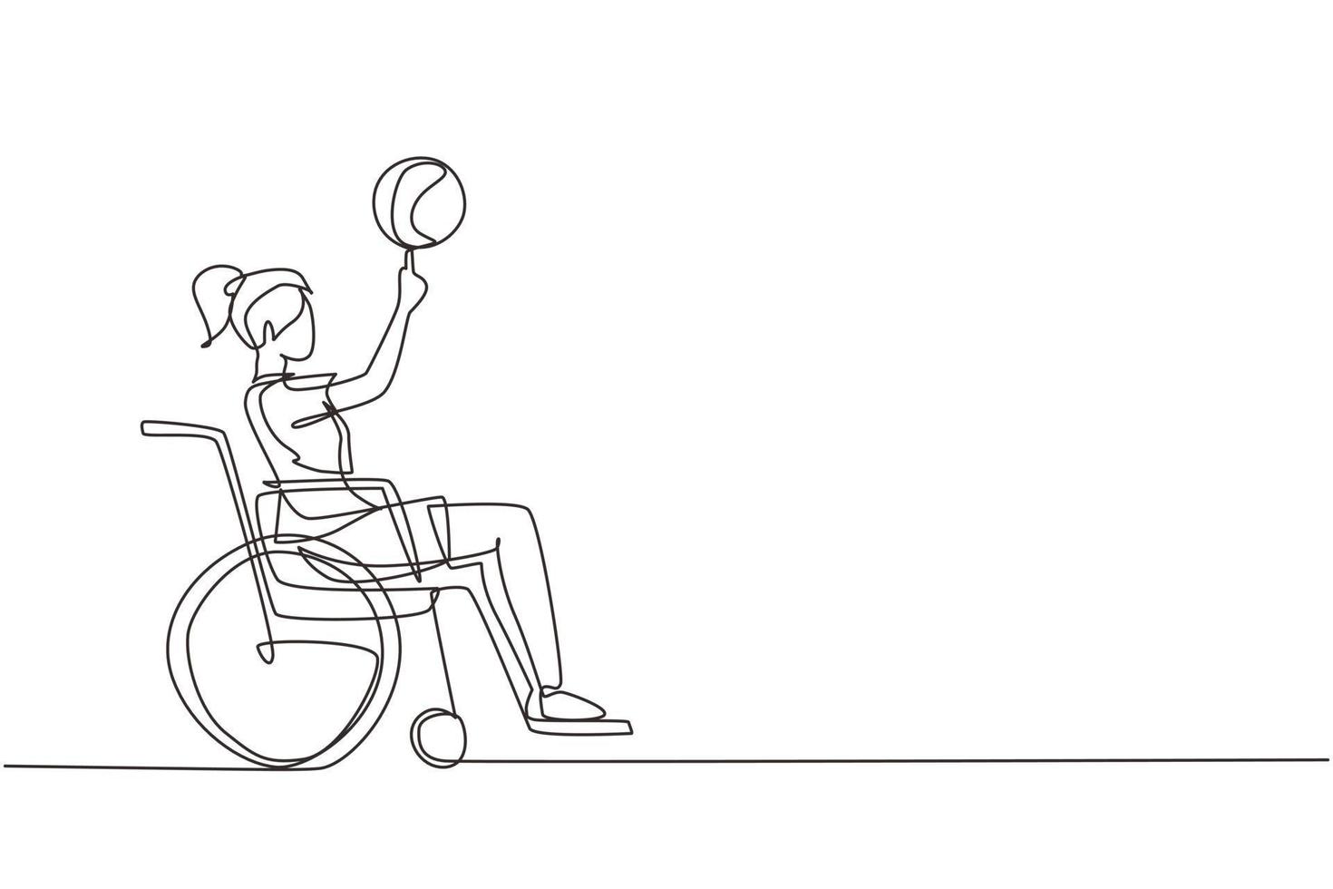 une ligne continue dessinant une jolie fille en fauteuil roulant joue au basket-ball. personne handicapée fait tourner le basket-ball sur son doigt. exercice pour les personnes handicapées. illustration vectorielle de dessin à une seule ligne vecteur