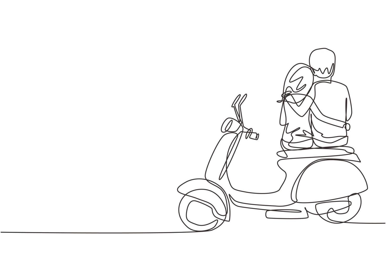 dessin d'une seule ligne cavaliers couple voyage voyage se détendre. moments de lune de miel romantiques avec des câlins. homme mignon avec une femme faisant de la moto scooter. illustration vectorielle graphique de conception de dessin en ligne continue vecteur