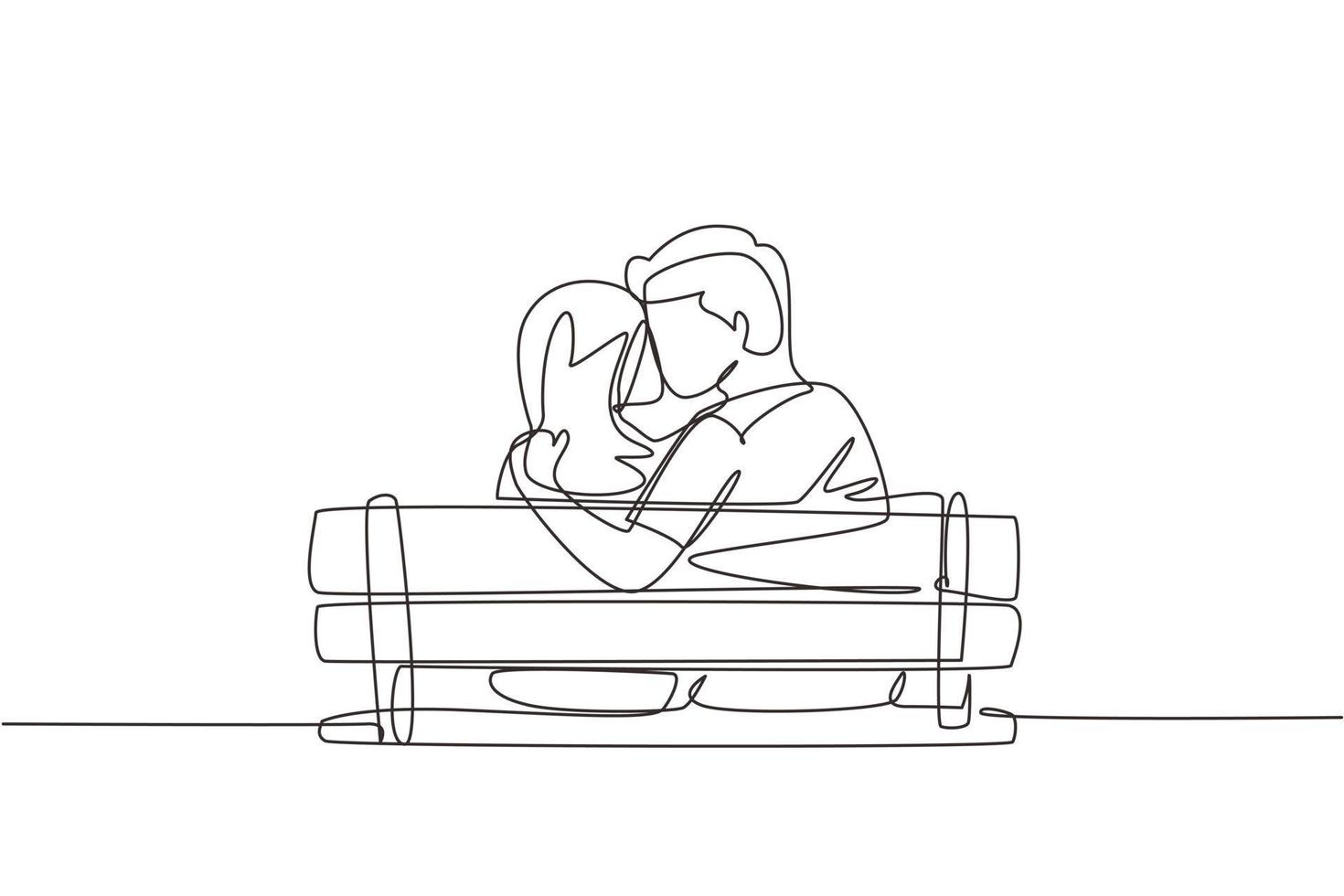 un seul dessin au trait couple doux s'embrasser assis sur un banc dans un paysage romantique de parc. bonheur gars et fille relation amoureuse. illustration vectorielle graphique de conception de ligne continue moderne vecteur