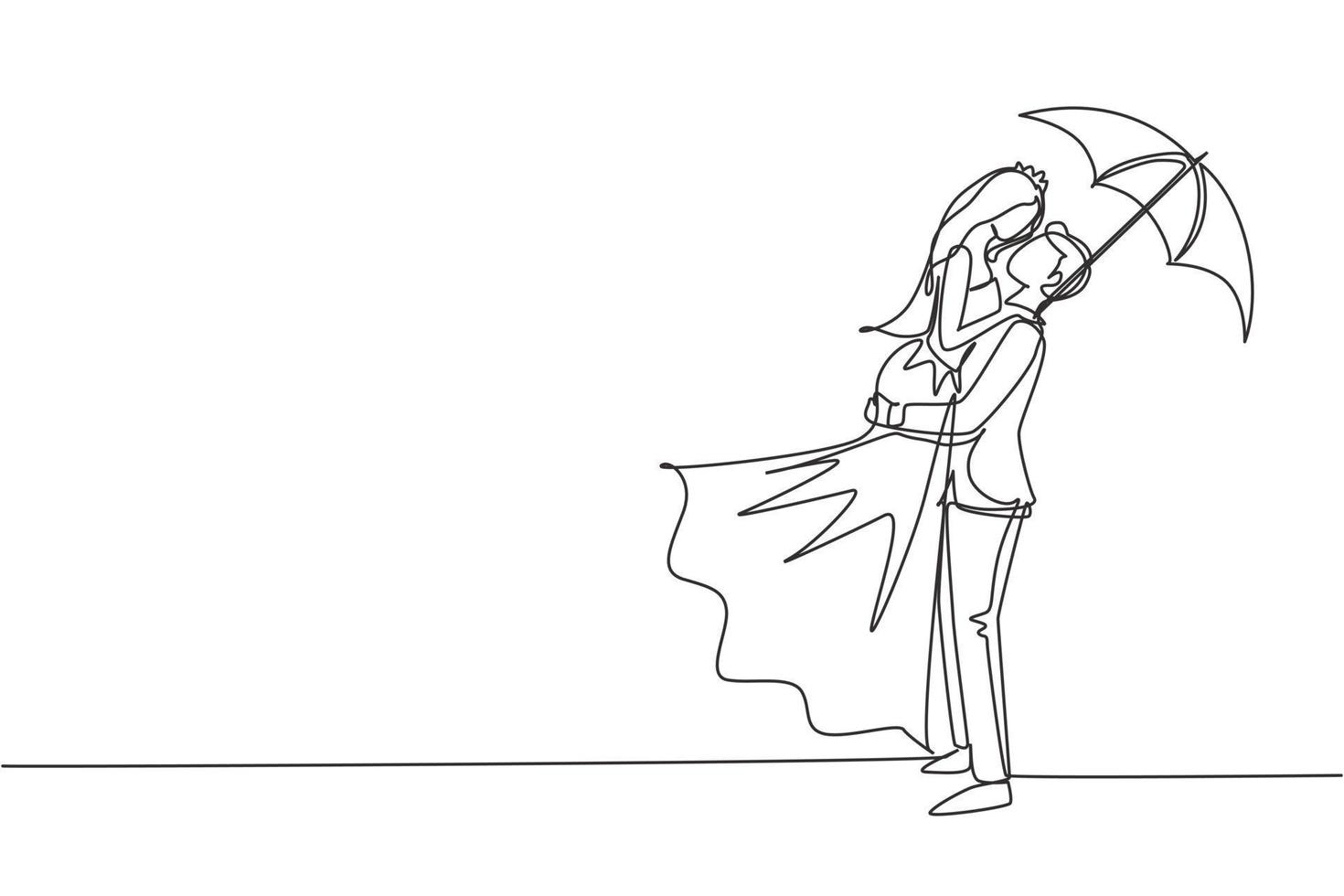 dessin d'une seule ligne couple amoureux sous la pluie avec parapluie. homme et femme marchant au parc et sautant avec une robe de mariée. couple marié relation amoureuse. graphique de conception de dessin en ligne continue vecteur