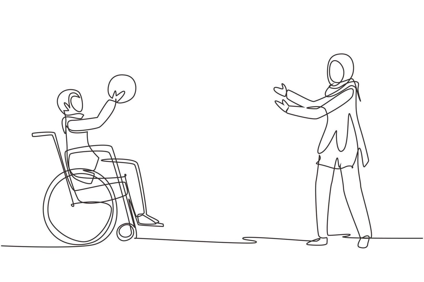 une seule ligne dessinant un mode de vie heureux du concept de personnes handicapées. petite fille arabe en fauteuil roulant jouant au ballon avec une amie à l'extérieur vivant un mode de vie actif. vecteur de conception de dessin en ligne continue