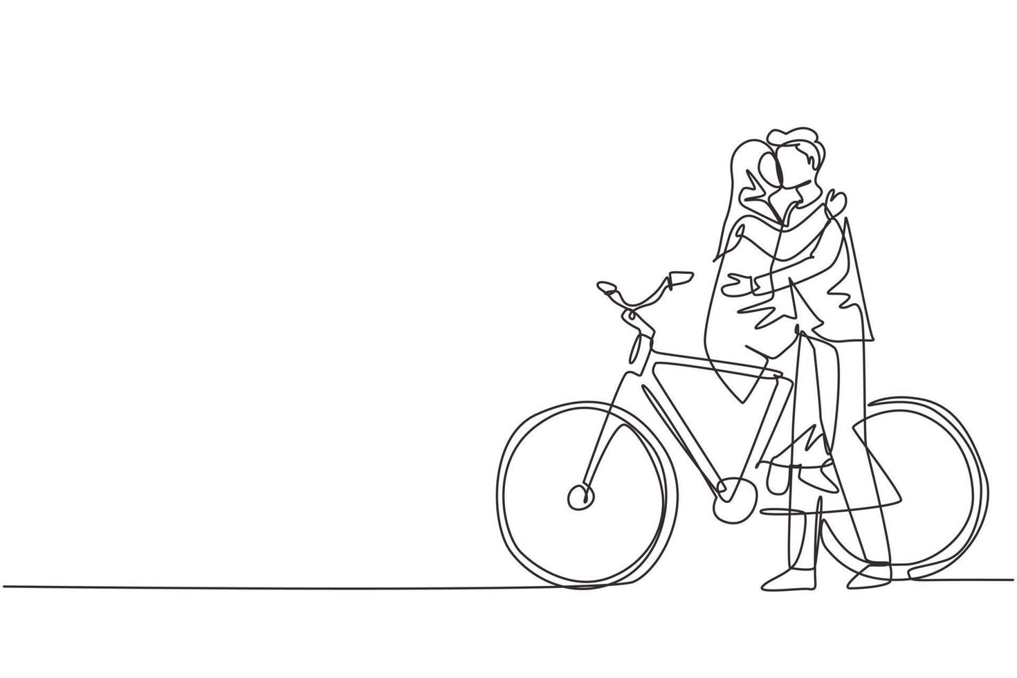 une ligne continue dessinant un jeune couple arabe aimant assis sur un vélo et s'embrassant. relations humaines romantiques, histoire d'amour, famille de jeunes mariés dans une aventure de voyage de lune de miel. conception de dessin à une seule ligne vecteur