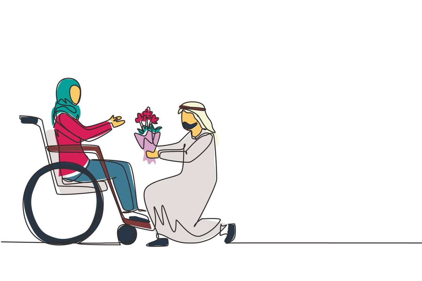 une seule ligne continue dessinant un homme arabe et une femme handicapée en fauteuil roulant. l'homme donne un bouquet de fleurs à la femme. soignant, soutien moral de la famille. rééducation du handicap. vecteur de conception de dessin d'une ligne