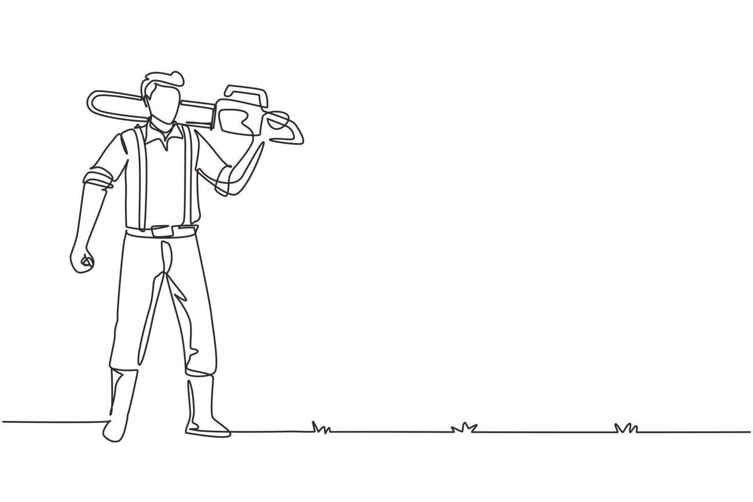 un bûcheron de dessin continu tenant une tronçonneuse sur son dos. porter une chemise à bretelles, un jean et des bottes. bûcheron pose sur l'exploitation forestière. illustration vectorielle graphique de conception de dessin à une seule ligne vecteur