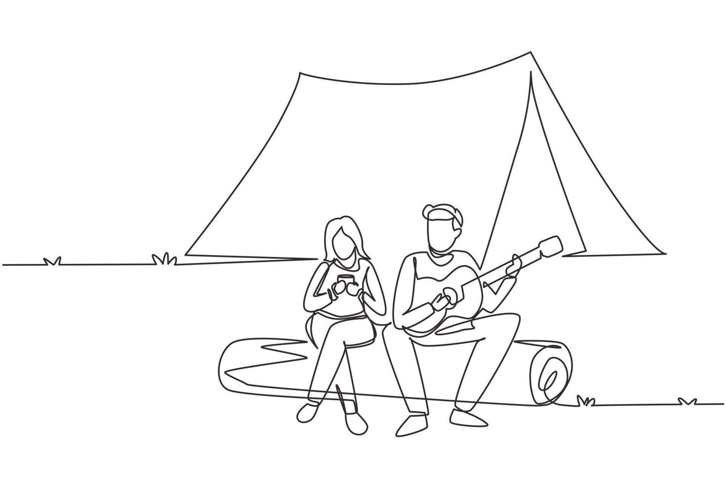 dessin en ligne continue simple homme femme chante une chanson au camping. fille buvant du thé et gars jouant de la guitare, assis sur des bûches. couple romantique datant du camping. une ligne dessiner illustration vectorielle de conception vecteur