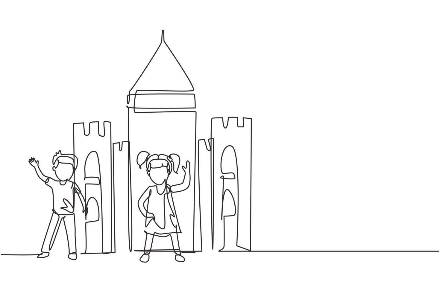 une seule ligne dessinant des enfants avec un château en carton pour jouer à l'école. enfants joyeux jouant dans un château fait de boîtes en carton. enfant créatif jouant au château. vecteur graphique de conception de dessin en ligne continue