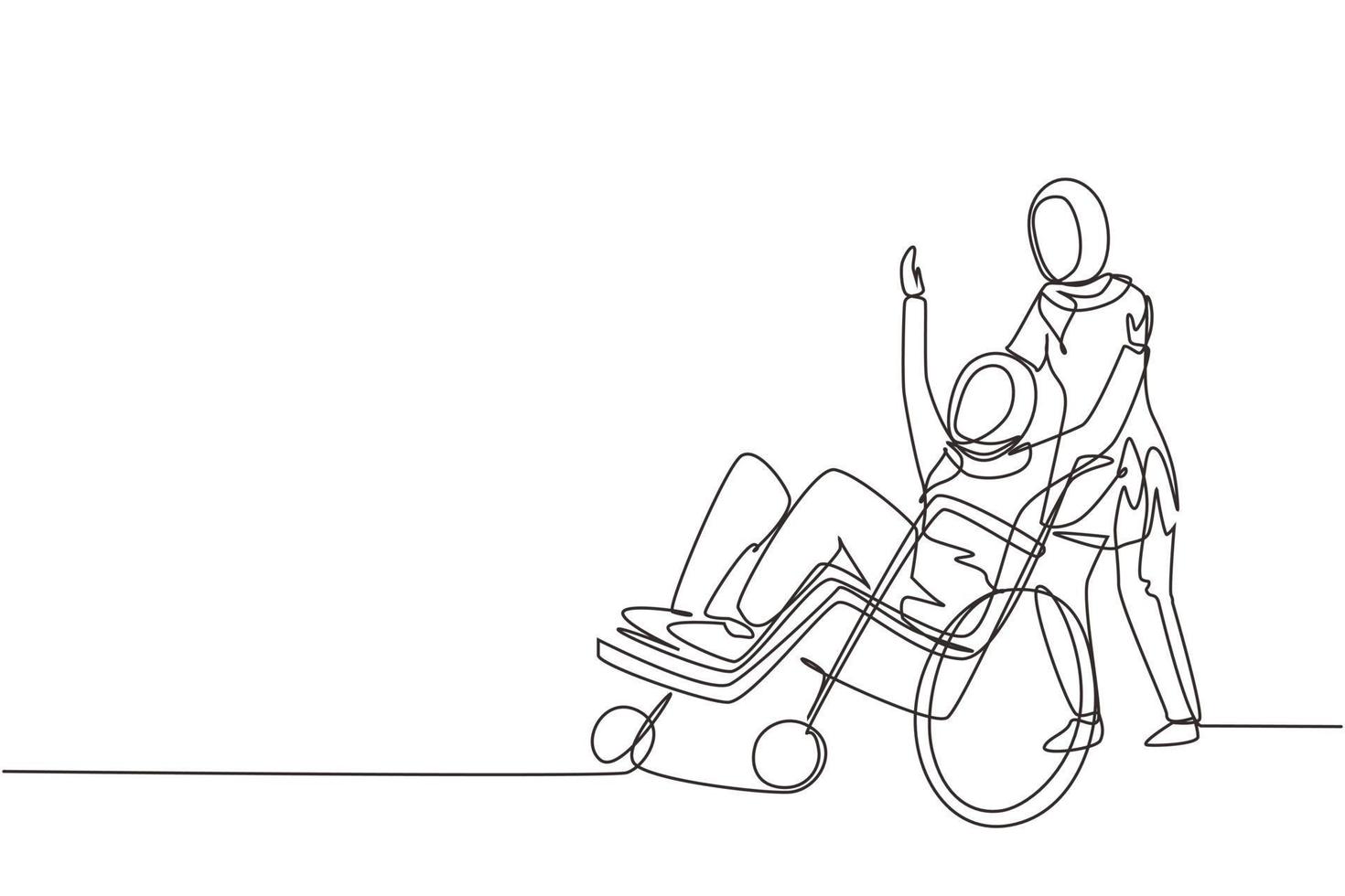 une seule ligne continue dessinant une jeune volontaire arabe aide une vieille femme handicapée, à monter sur un fauteuil roulant dans le parc. soins familiaux, bénévolat, soins aux personnes handicapées. une ligne dessiner illustration vectorielle de conception vecteur