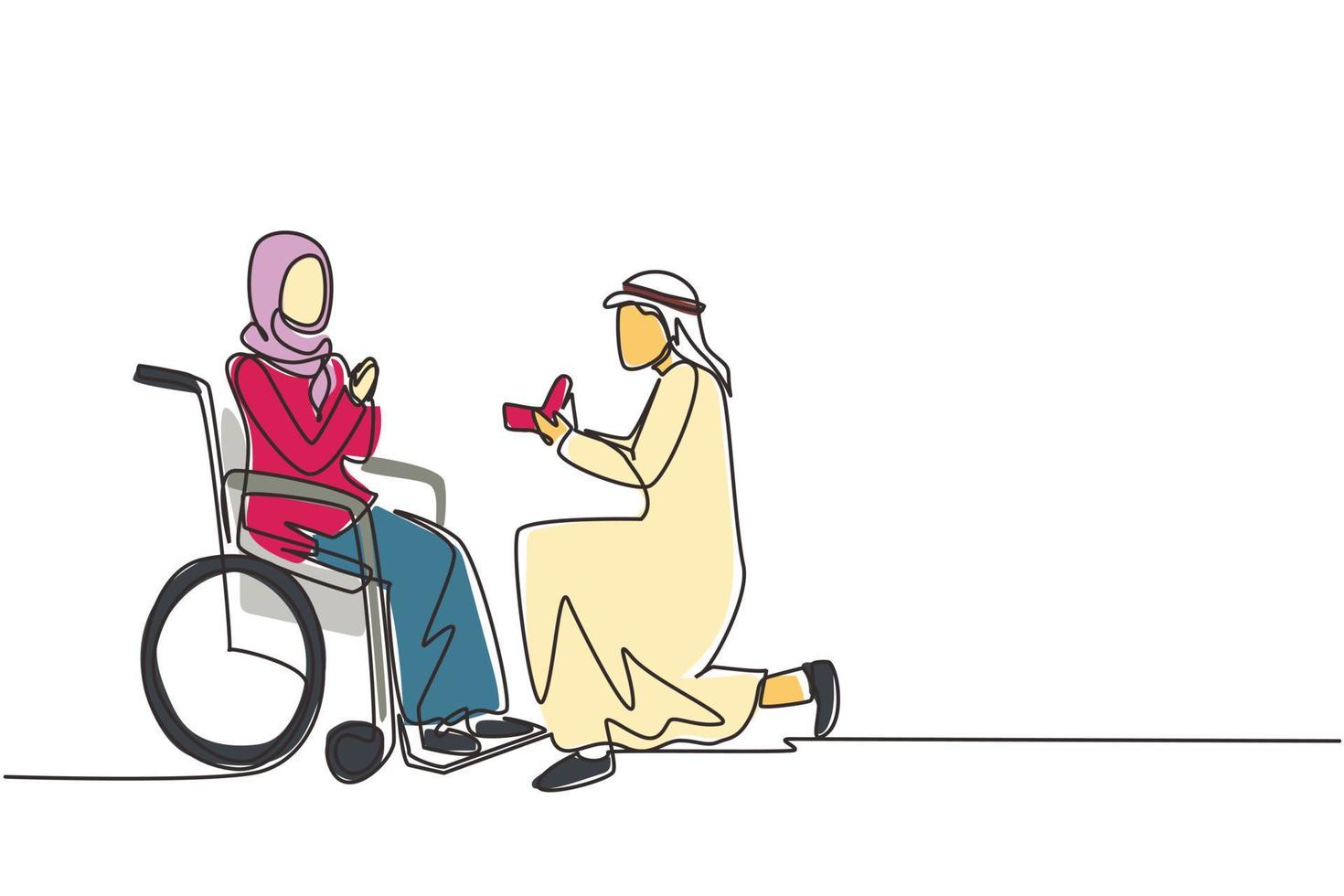 dessin en ligne continue unique un homme arabe se tient sur le genou avec une bague de fiançailles dans les mains devant une femme handicapée assise sur un fauteuil roulant, des relations amoureuses, un mariage de personne. vecteur de conception de dessin d'une ligne