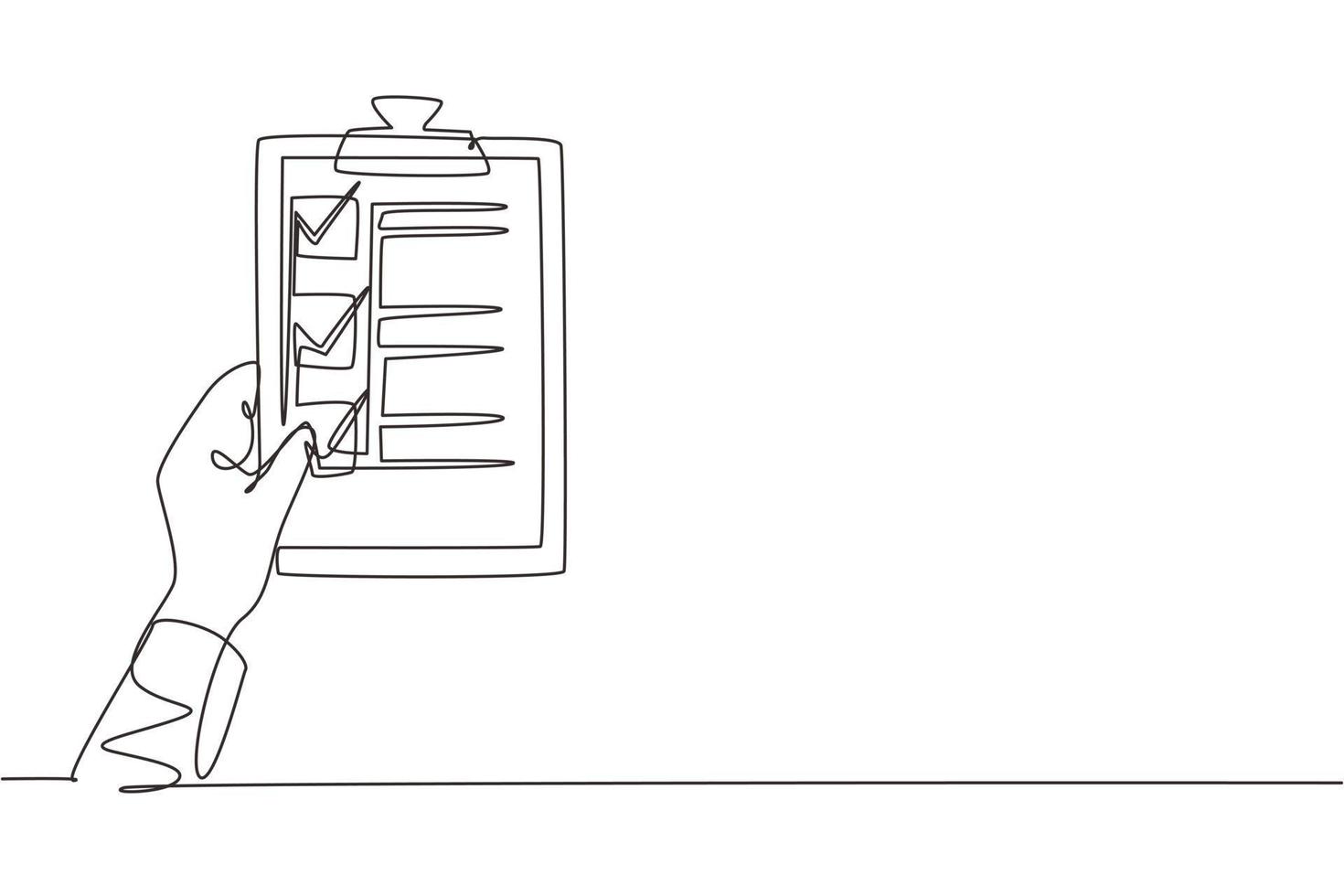 Presse-papiers de dessin continu d'une ligne dans le médecin de la main. le médecin prend des notes dans le presse-papiers. fond de rapport médical. modèle de liste de contrôle des soins aux patients. illustration graphique vectorielle de conception de dessin à une seule ligne vecteur