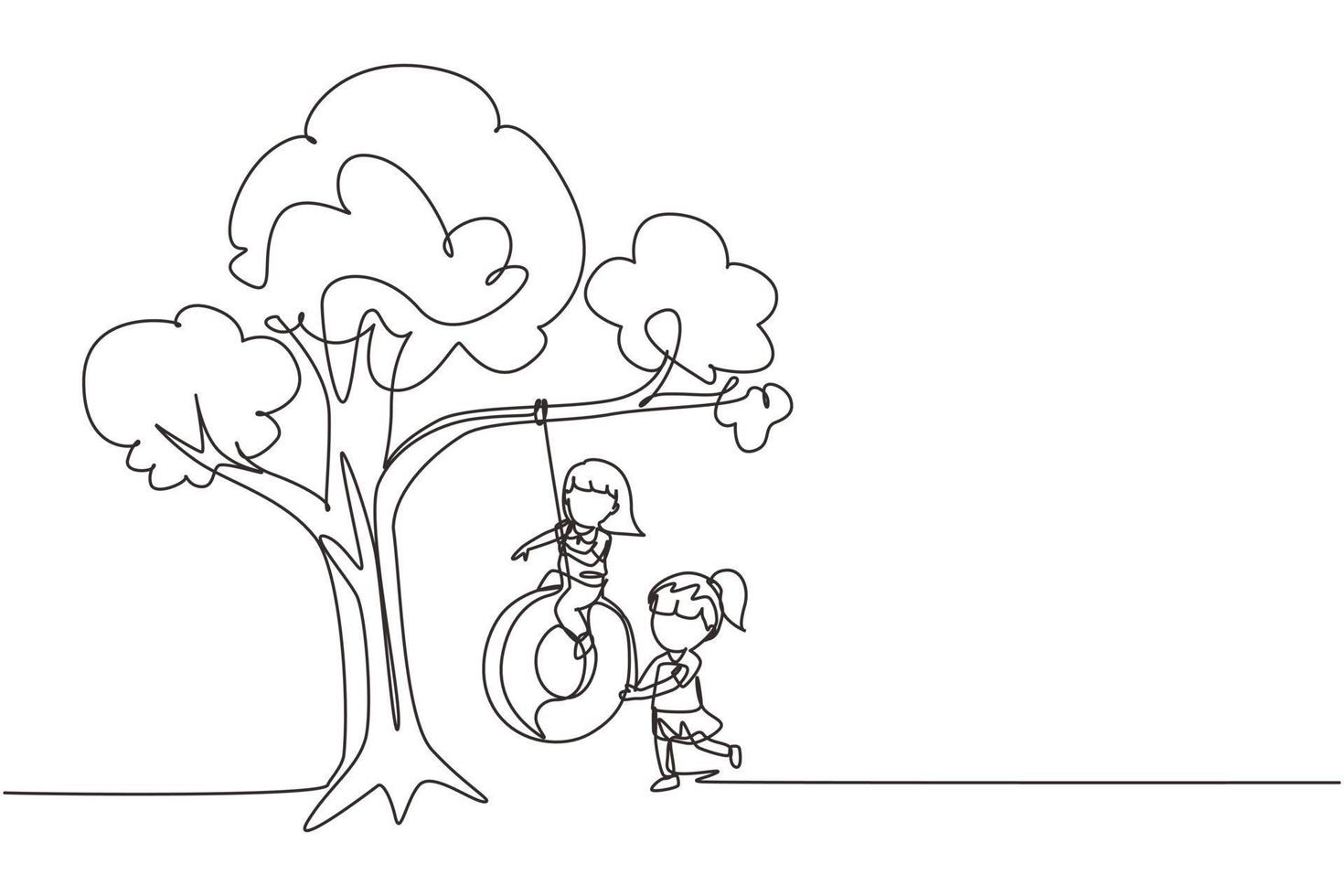 une seule ligne dessinant deux filles heureuses jouant à la balançoire sous l'arbre. enfants mignons se balançant sur un pneu suspendu à un arbre. enfants jouant dans le jardin. illustration vectorielle graphique de conception de dessin en ligne continue vecteur