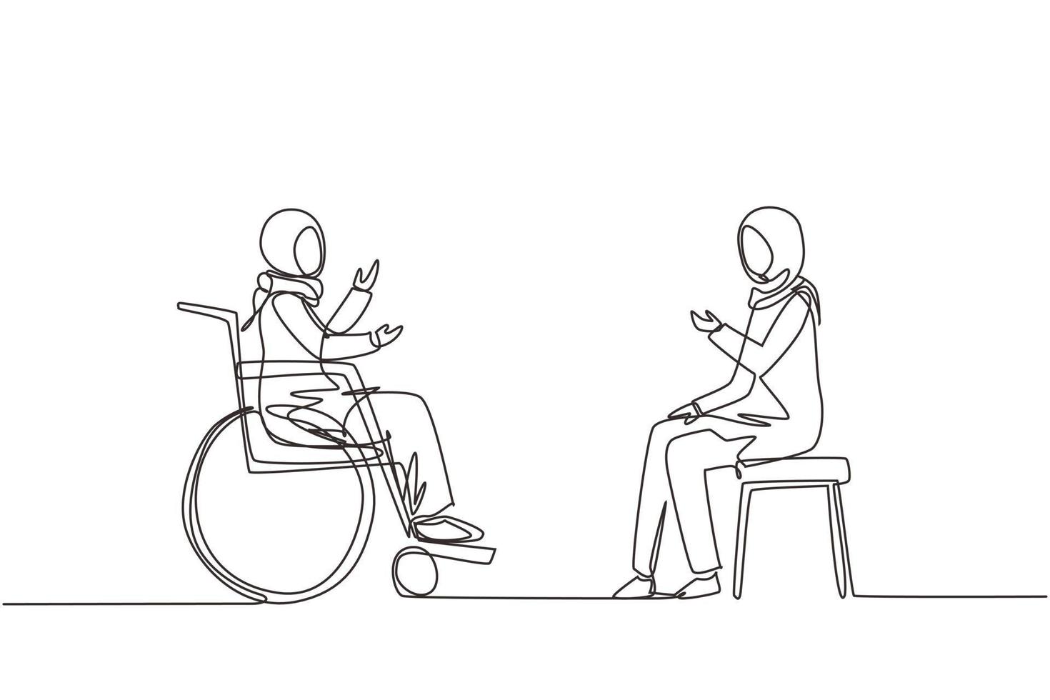 une seule ligne dessinant deux personnes arabes assises en train de bavarder, une utilisant une chaise et une utilisant un fauteuil roulant. une femme amicale se parle, une société humaine handicapée. vecteur de conception de dessin en ligne continue