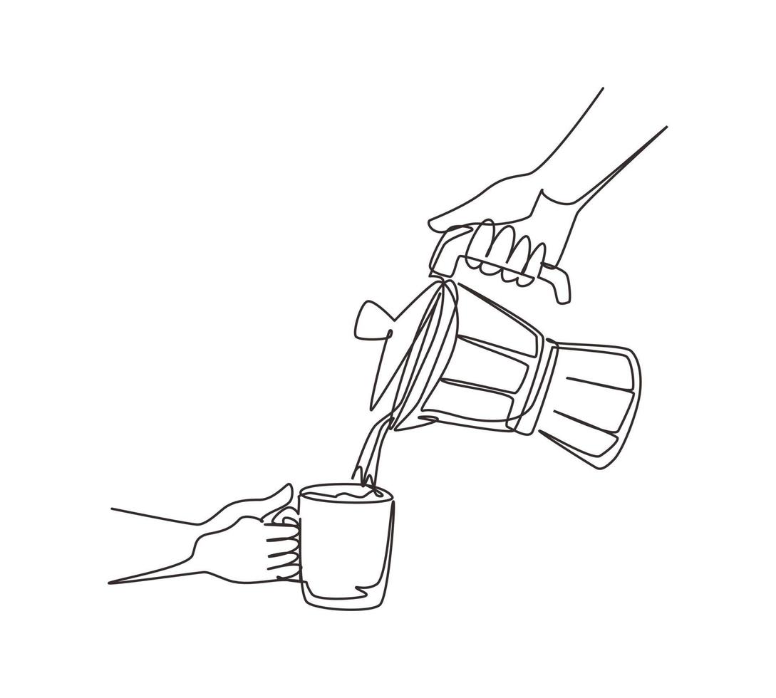 dessin continu d'une ligne barista pour expresso à partir d'un pot de moka. cafetière moka pour faire un expresso à portée de main. café en millésime. concept de barista café moka. illustration vectorielle de dessin à une seule ligne vecteur