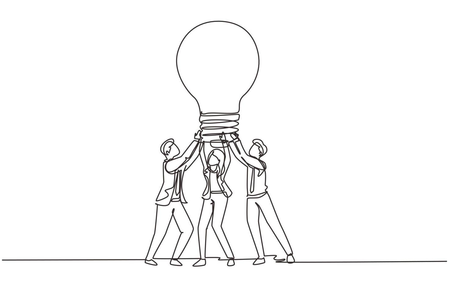 les gens du groupe de dessin d'une seule ligne détiennent une nouvelle idée de lampe énorme. le succès en affaires repose sur le travail d'équipe, une bonne planification, la recherche de solutions créatives au problème. ligne continue dessiner illustration vectorielle de conception vecteur