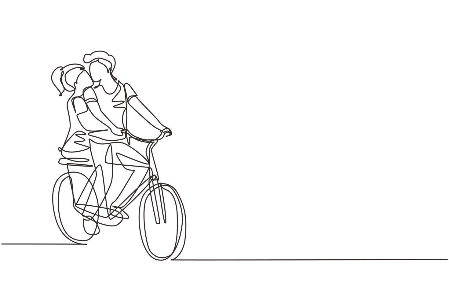 une ligne continue dessinant un jeune couple d'amoureux à vélo. relations humaines romantiques, histoire d'amour, famille de jeunes mariés en voyage de noces aventure, passion, émotions. graphique vectoriel de conception à une seule ligne