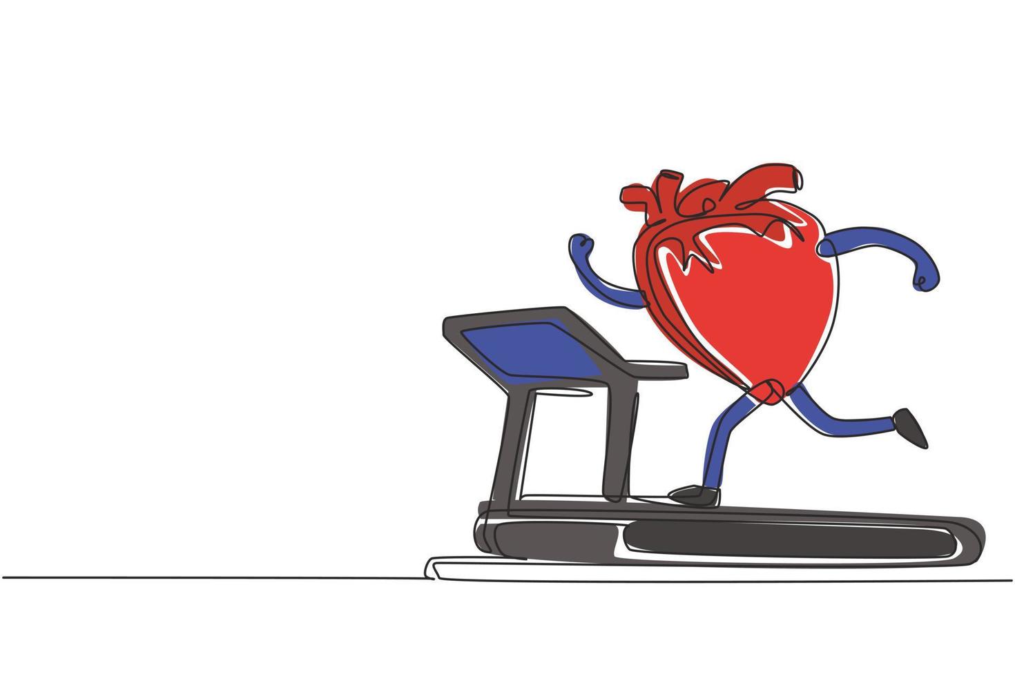 une ligne continue dessinant un organe cardiaque drôle mignon fonctionnant sur un tapis roulant. entraînement des organes cardiaques, sport, fitness, course cardio, concept de personnage d'endurance. illustration graphique vectorielle de conception de dessin à une seule ligne vecteur