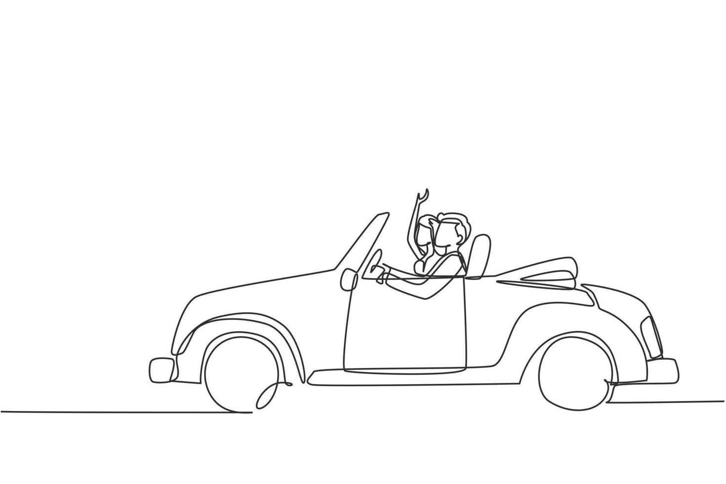 une seule ligne continue dessinant un couple élégant en voyage sur la route dans une voiture rétro vintage. homme et femme avec robe de mariée dans le véhicule. couple marié relation amoureuse. une ligne dessiner vecteur de conception graphique