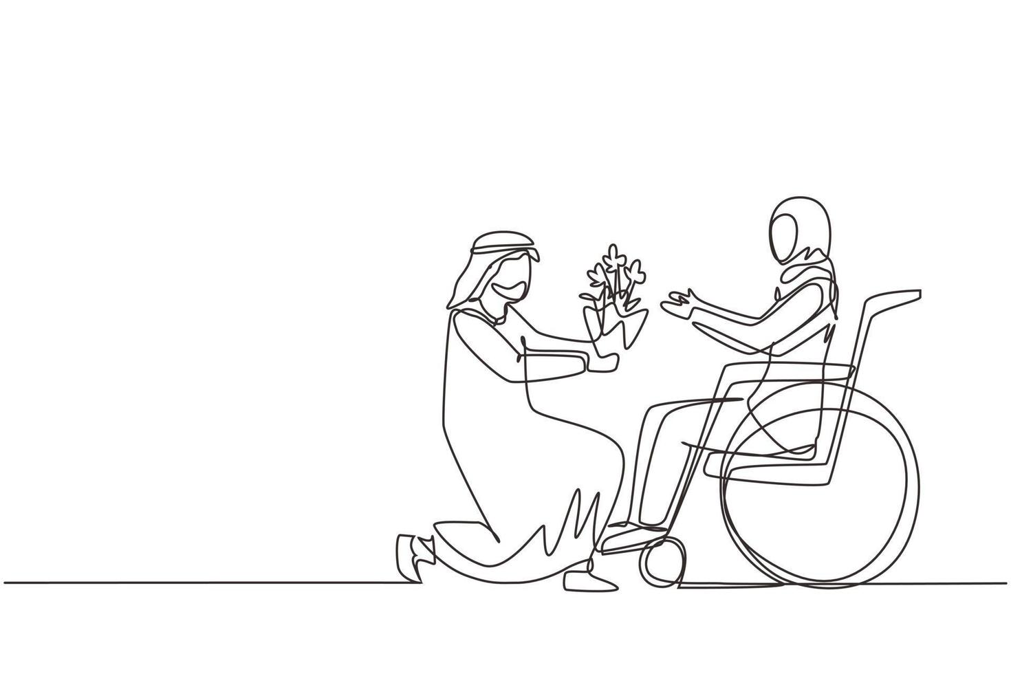 une seule ligne continue dessinant un homme arabe et une femme handicapée en fauteuil roulant. l'homme donne un bouquet de fleurs à la femme. soignant, soutien moral de la famille. rééducation du handicap. vecteur de conception de dessin d'une ligne