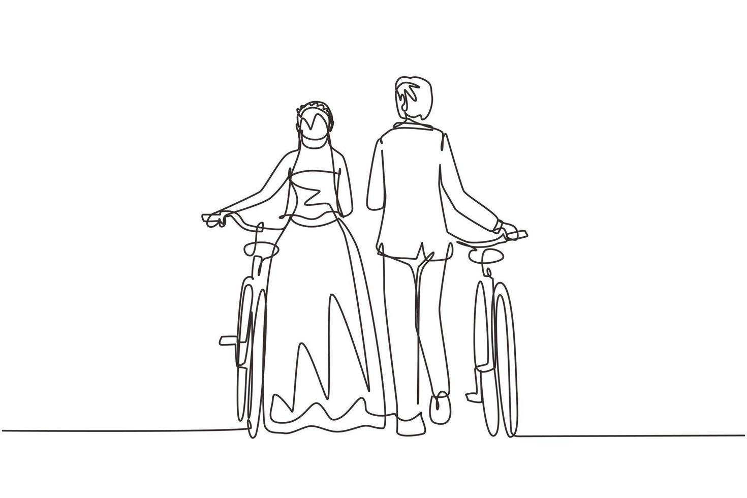 dessin en ligne continue unique vue arrière homme et femme portant une robe de mariée marchant avec un vélo. garçon et fille amoureux. heureux couple marié romantique. une ligne dessiner vecteur de conception graphique