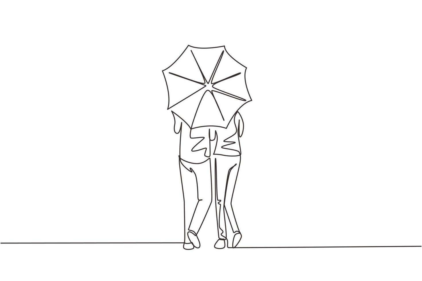 dessin d'une seule ligne vue arrière jeune couple homme femme, jolie fille et garçon marchant tenant un parapluie sous la pluie. couple romantique par temps d'automne pluvieux. vecteur graphique de conception de dessin en ligne continue