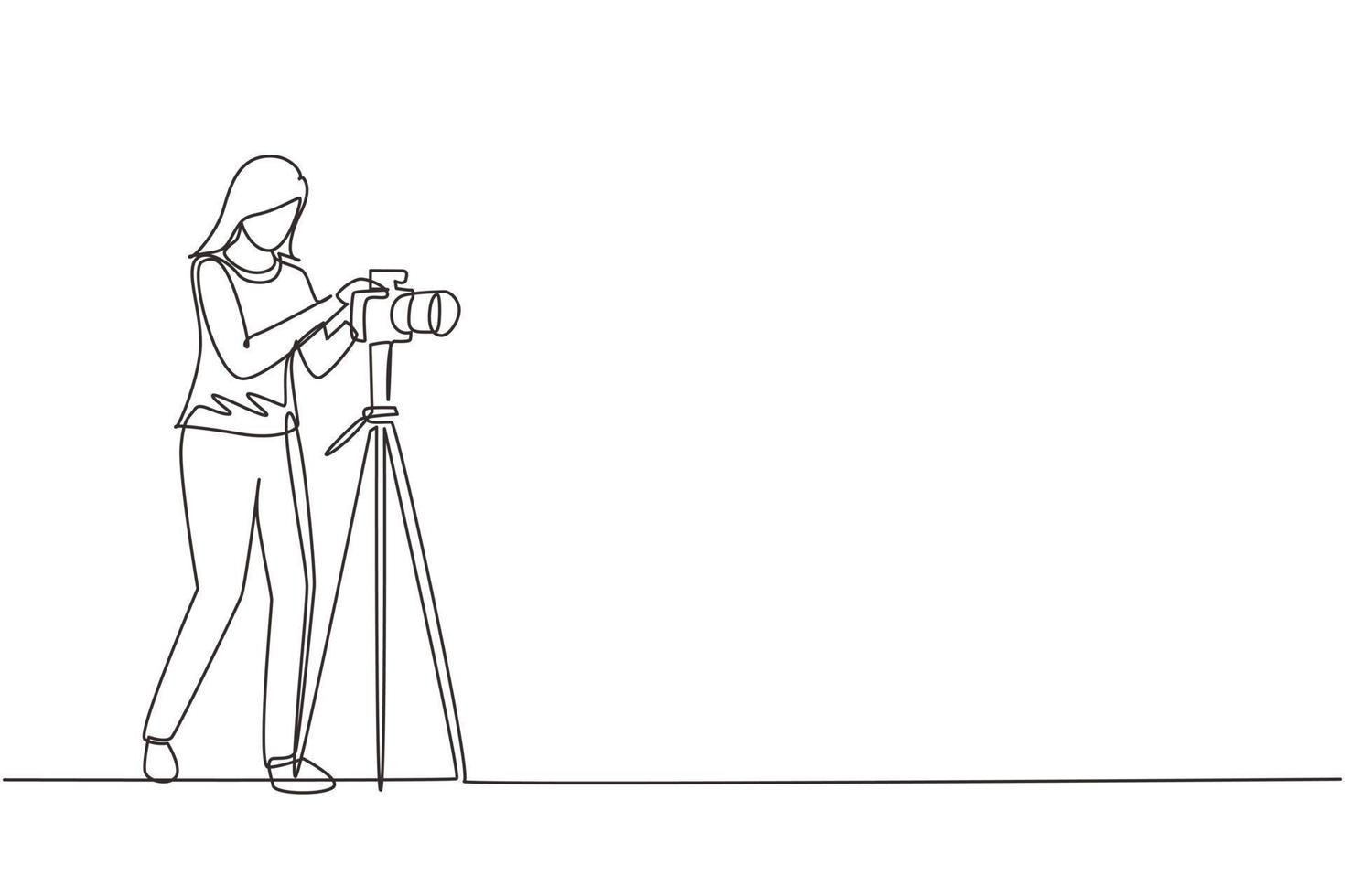 une ligne continue dessinant une photographe féminine prenant des photos à l'aide d'un ensemble d'équipements professionnels. femme avec appareil photo faisant des photos. matériel photo studio. illustration vectorielle de dessin à une seule ligne vecteur