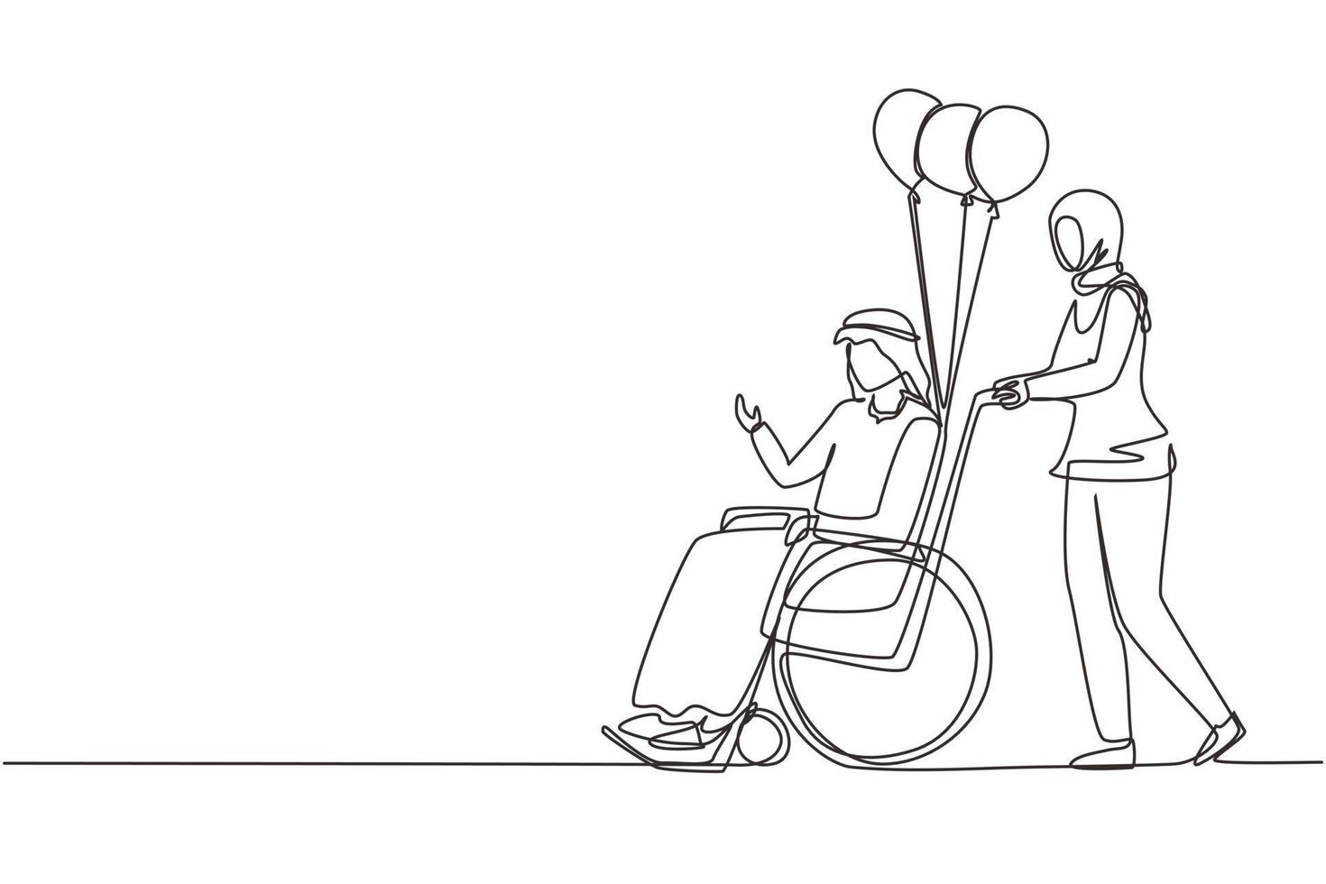 dessin continu d'une ligne concept de personnes handicapées. une femme arabe porte un homme handicapé en fauteuil roulant. accessibilité, réadaptation personne invalide, personnes activités. vecteur de conception de dessin à une seule ligne