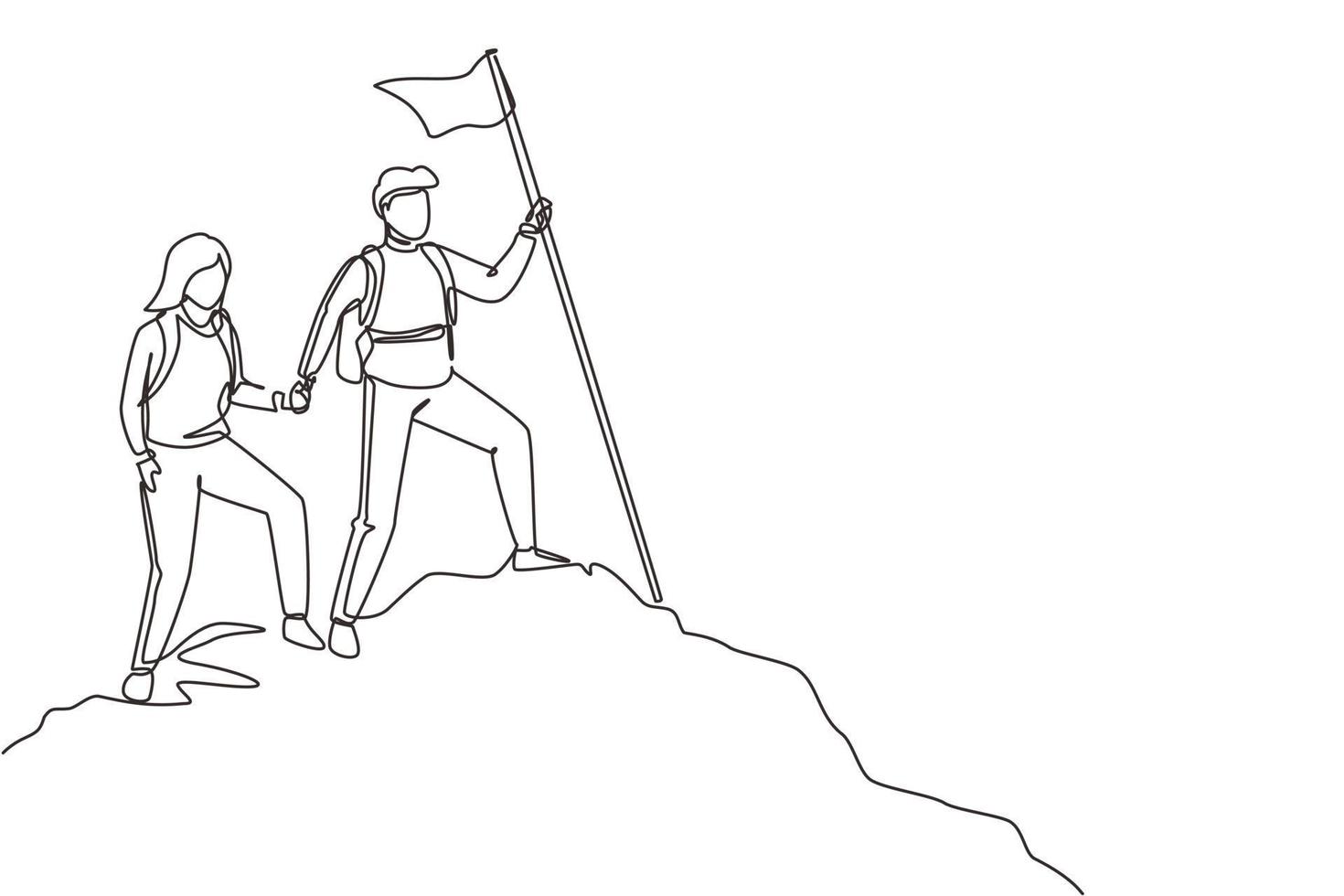 dessin d'une seule ligne jeune couple homme femme randonneurs touristes randonneurs se tenant la main debout sur la colline avec le drapeau sur les montagnes. loisirs de voyage de vacances. ligne continue dessin illustration vectorielle de conception vecteur