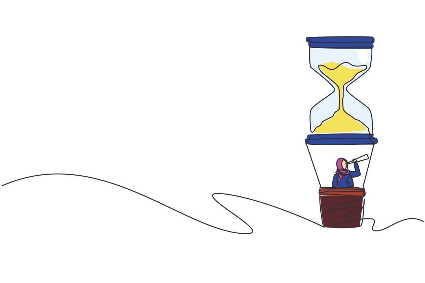 une ligne continue dessinant une femme d'affaires arabe dans un sablier de ballon à air chaud regardant avec un télescope. gestion du temps des entreprises. succès, champion, sablier. illustration vectorielle de dessin à une seule ligne vecteur