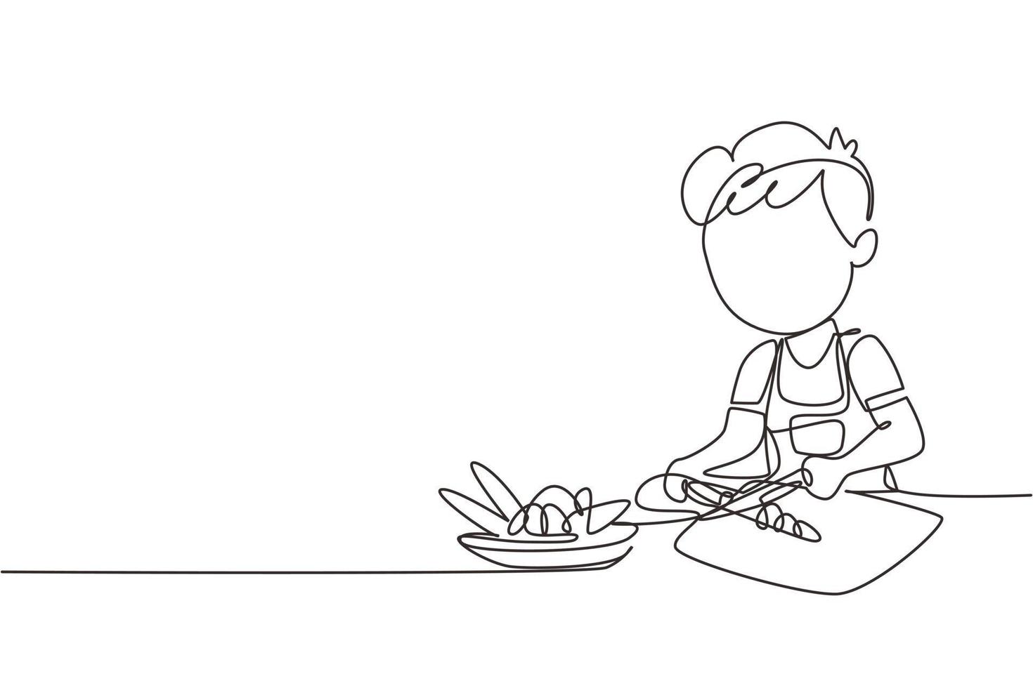 une seule ligne dessinant une petite fille coupe des carottes et d'autres légumes frais. un enfant souriant aime cuisiner à la maison pour aider sa mère. illustration vectorielle graphique de conception de dessin en ligne continue vecteur