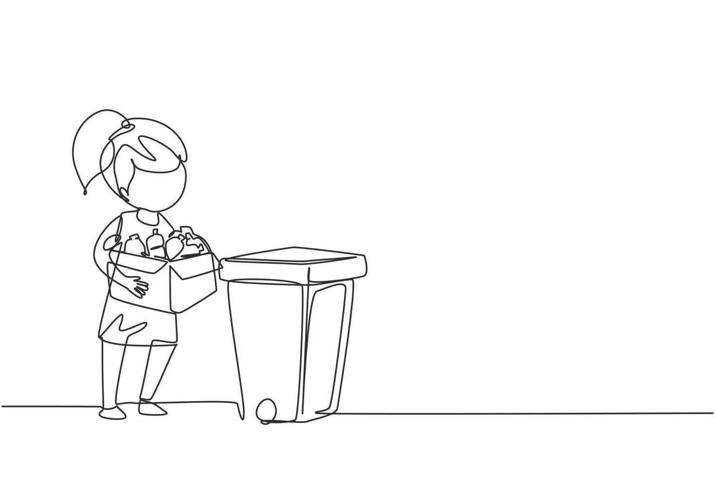une seule ligne continue dessinant une fille rassemblant des ordures et des déchets plastiques pour le recyclage. enfant ramassant des bouteilles en plastique dans les ordures. éco-éducation. une ligne dessiner illustration vectorielle de conception graphique vecteur