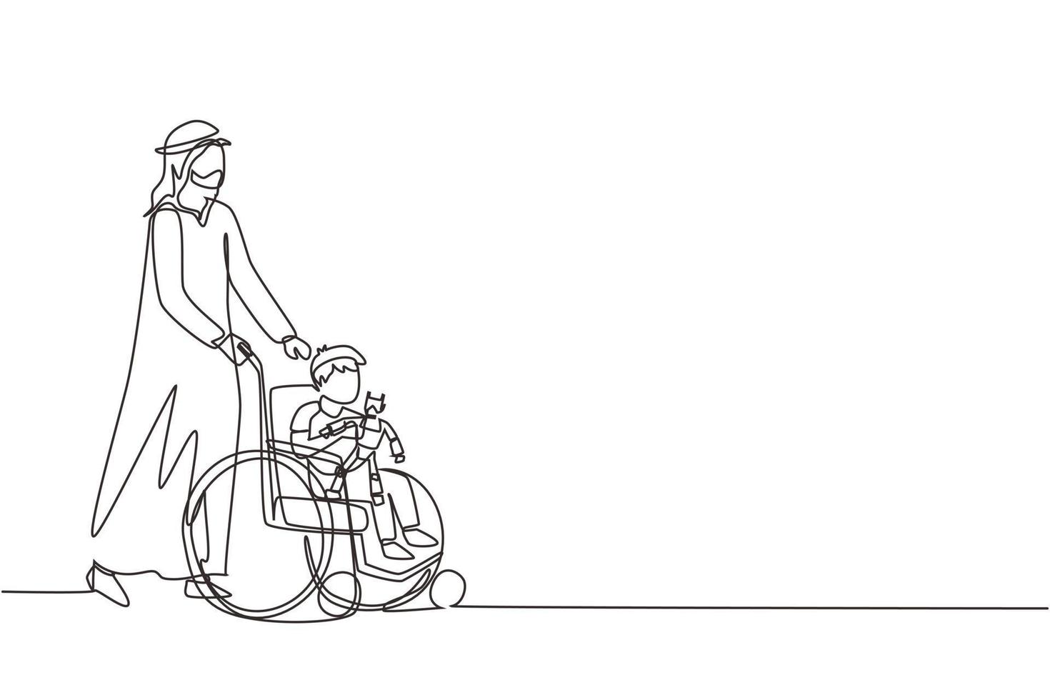 rééducation de dessin en ligne continue unique pour les enfants. le père arabe prend soin du garçon. papa heureux aide les enfants handicapés en fauteuil roulant à tenir un jouet robot. vecteur de conception de dessin d'une ligne