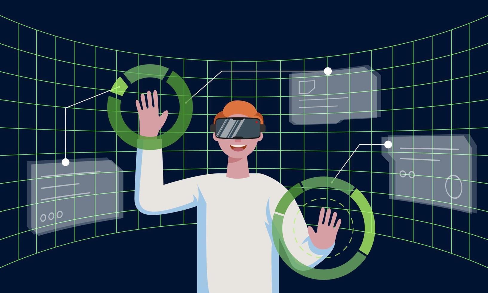 homme avec casque vr se connectant à la réalité virtuelle métaverse de la technologie futuriste et entouré de la future interface 3d hologramme big data. personne travaillant avec un casque méta cyber-espace. vecteur eps