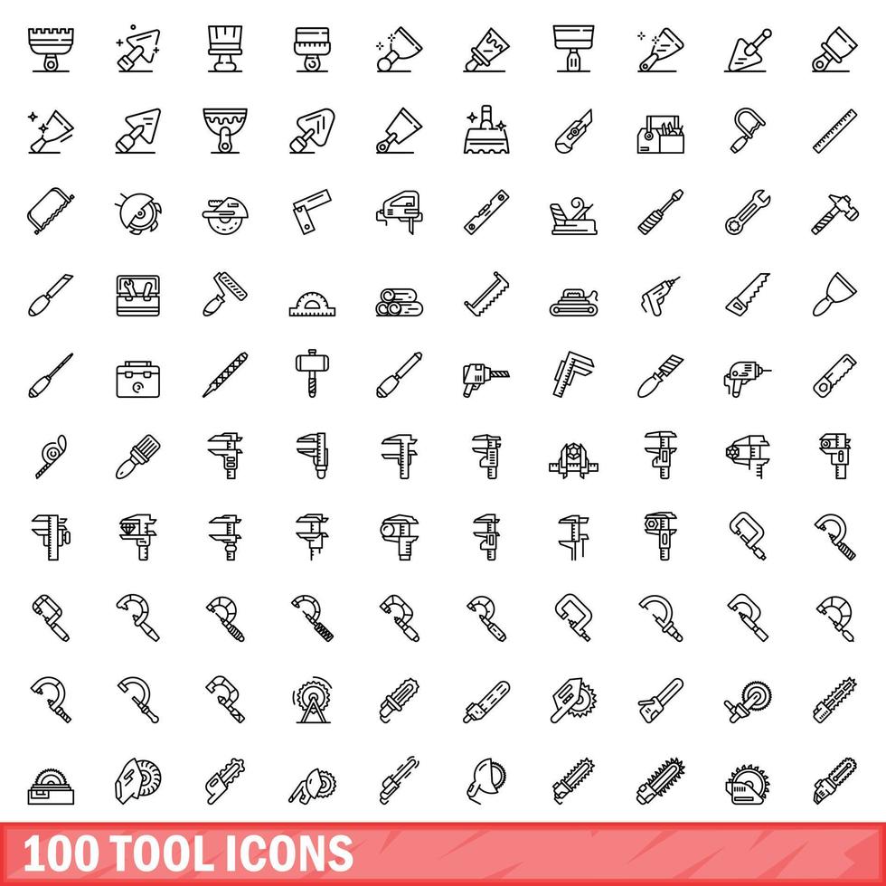 Ensemble de 100 icônes d'outils, style de contour vecteur