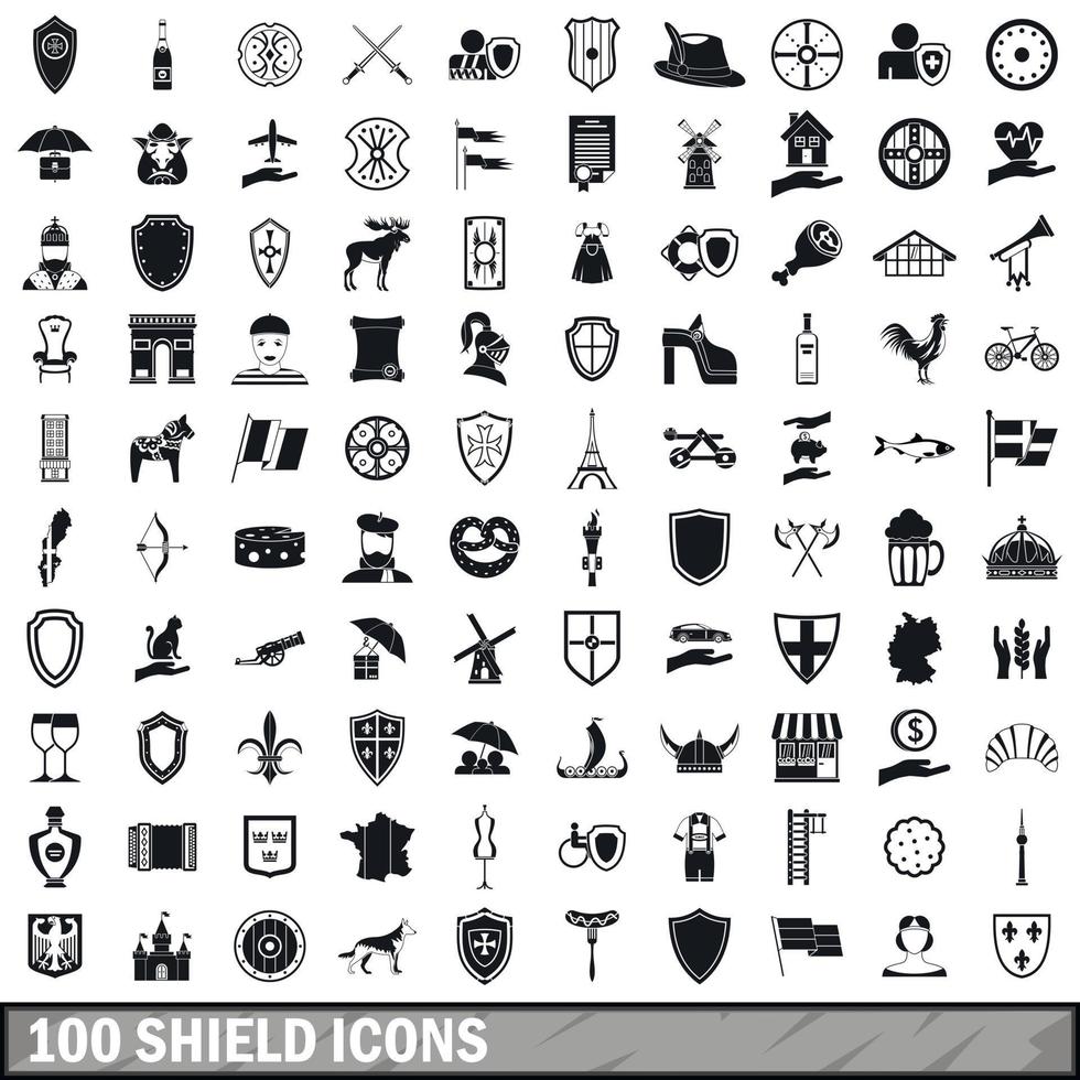 Ensemble de 100 icônes de bouclier, style simple vecteur
