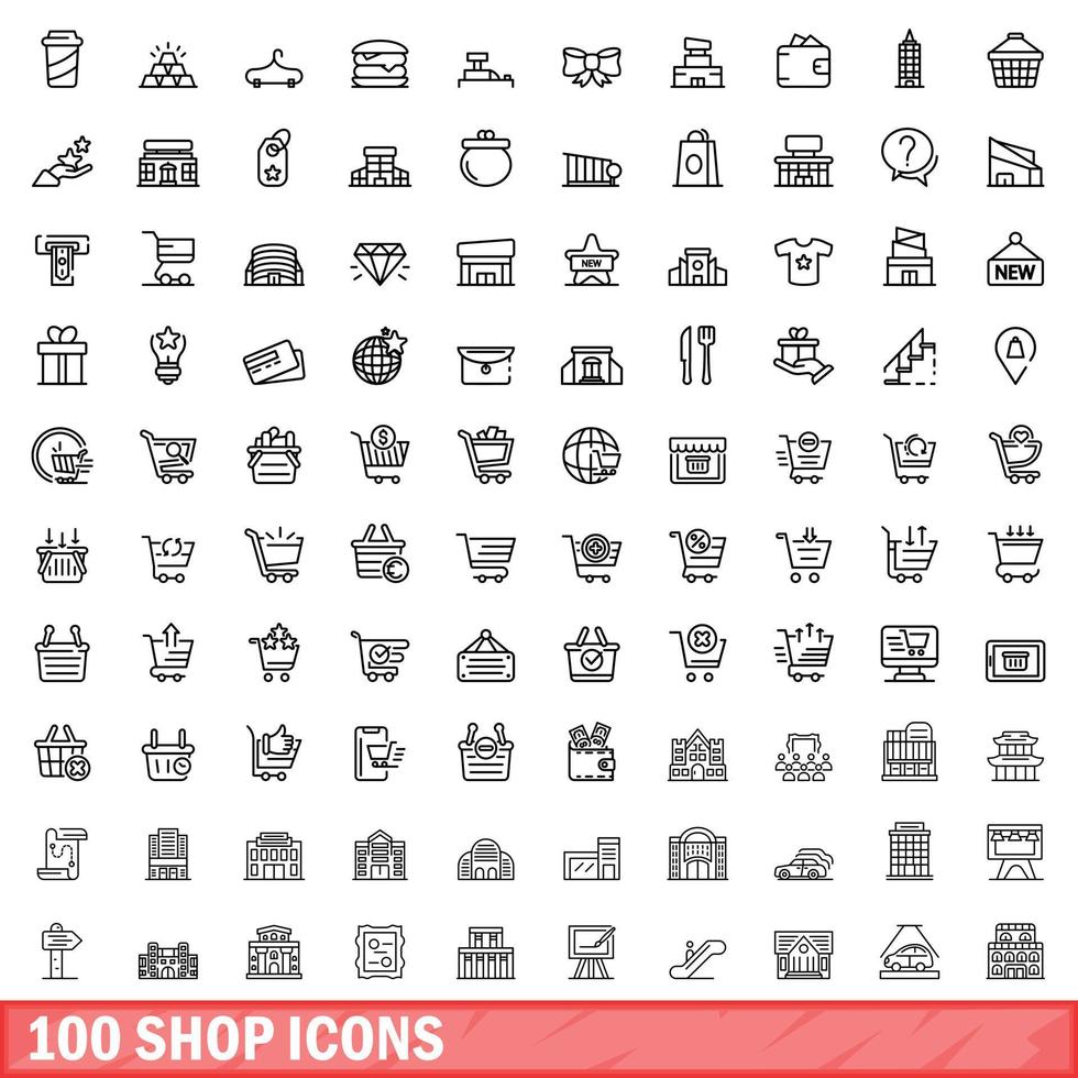 Ensemble de 100 icônes de magasin, style de contour vecteur