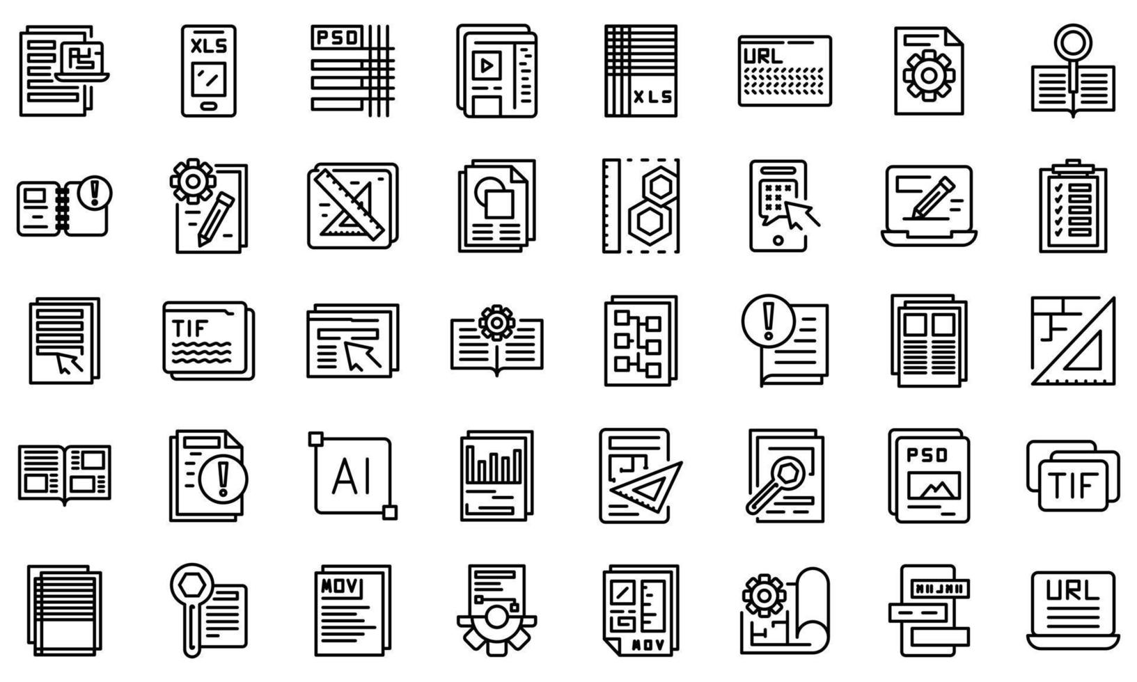 ensemble d'icônes de document technique, style de contour vecteur