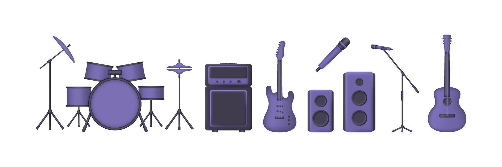 grand ensemble d'instruments de musique 3d violet isolé sur fond blanc. guitare acoustique et électrique, amplificateur, batterie, haut-parleurs et microphones. illustration vectorielle vecteur