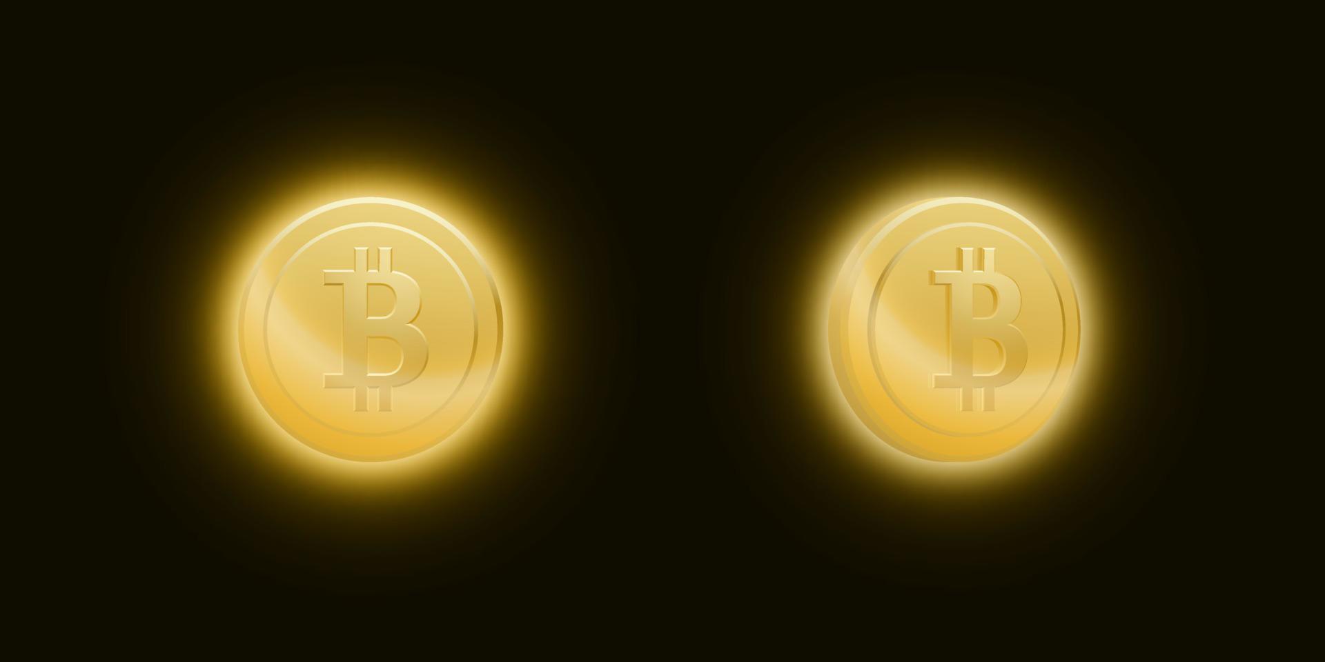 ensemble de pièces de jeton bitcoin en or avec une lueur vive sur fond sombre. crypto-monnaie dorée électronique. illustration vectorielle vecteur