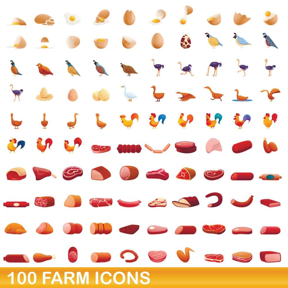 Ensemble de 100 icônes de ferme, style dessin animé vecteur