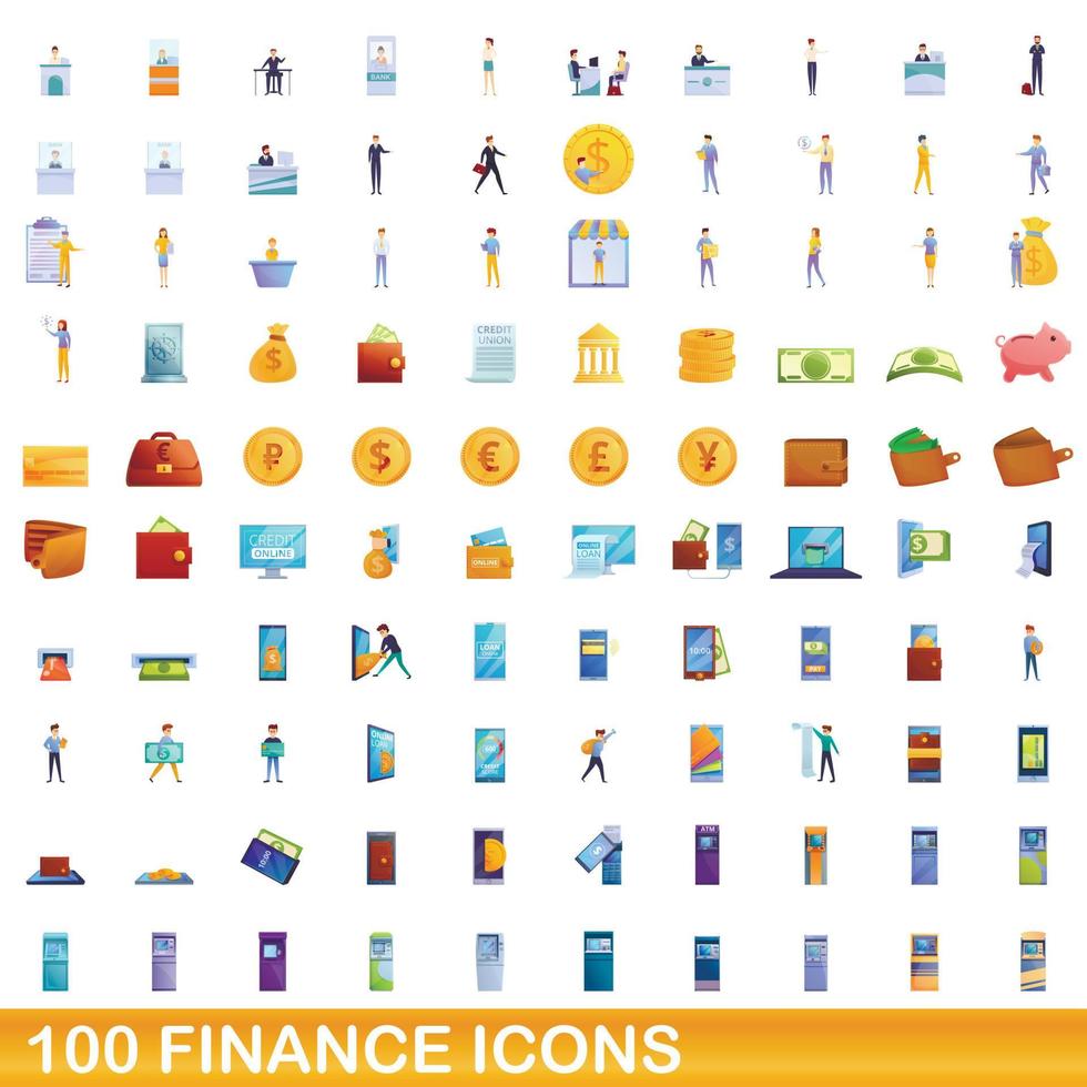 Ensemble de 100 icônes de finances, style dessin animé vecteur
