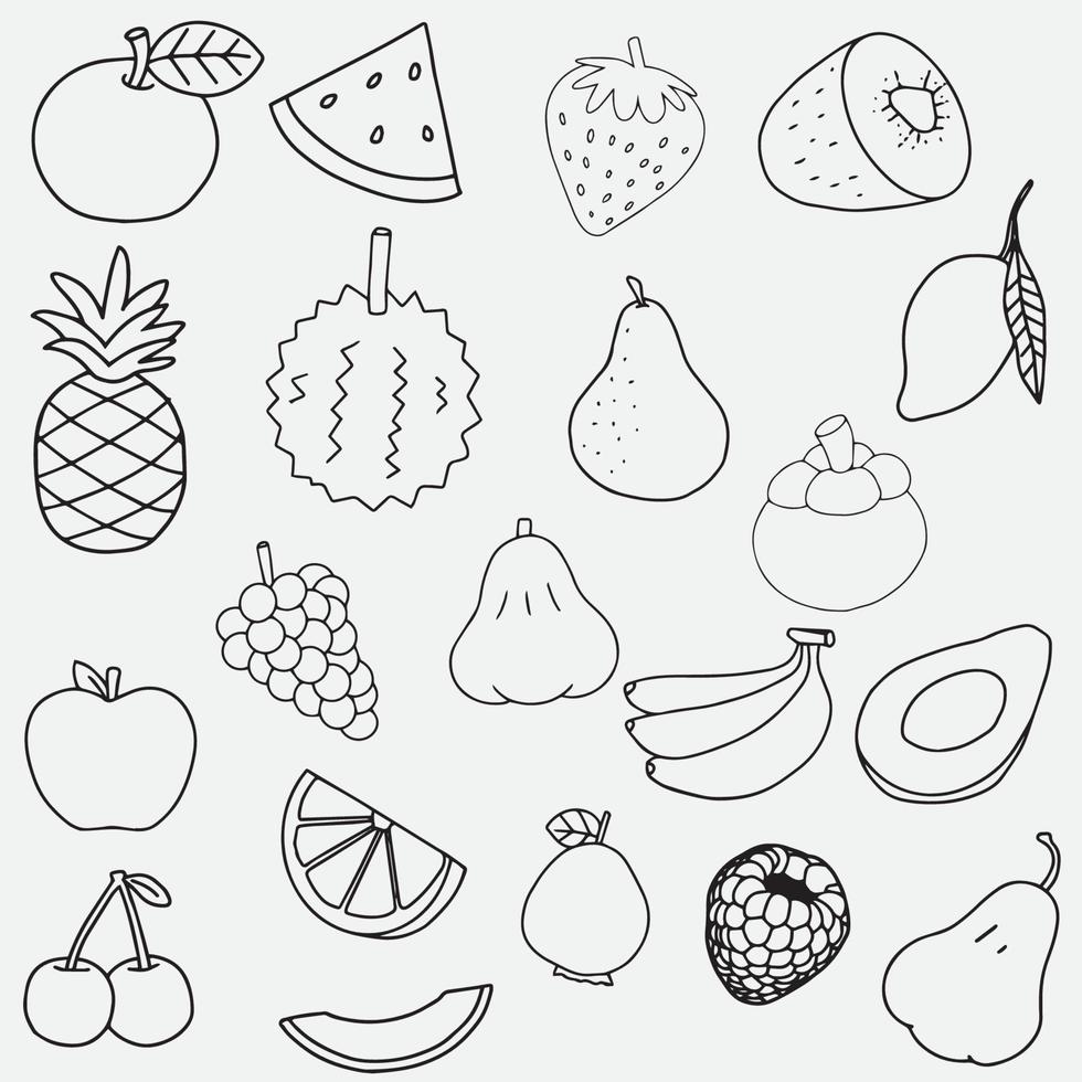 00003 doodle icônes en noir et blanc dessinées à la main de fruits ananas, bananes, oranges, figues, kakis, grenades, citron, prune, pomme vecteur