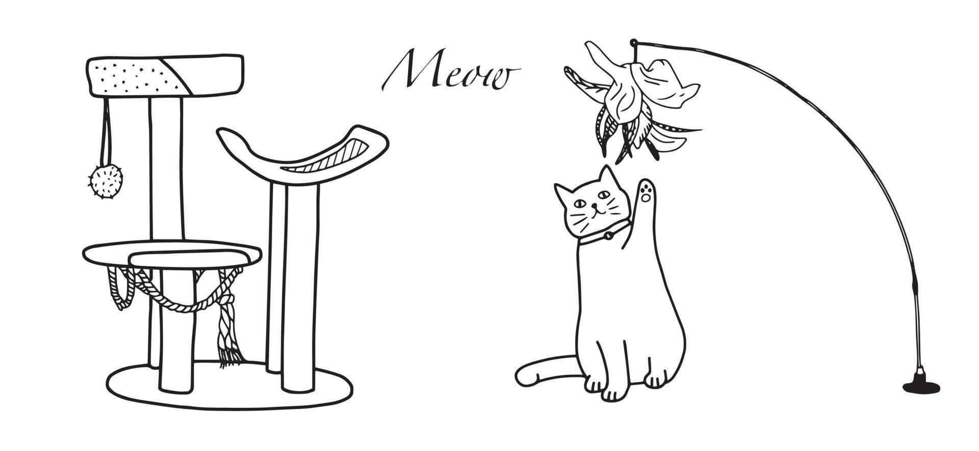 chat jouant avec un jouet pour chat dans un style vectoriel doodle illustrator.